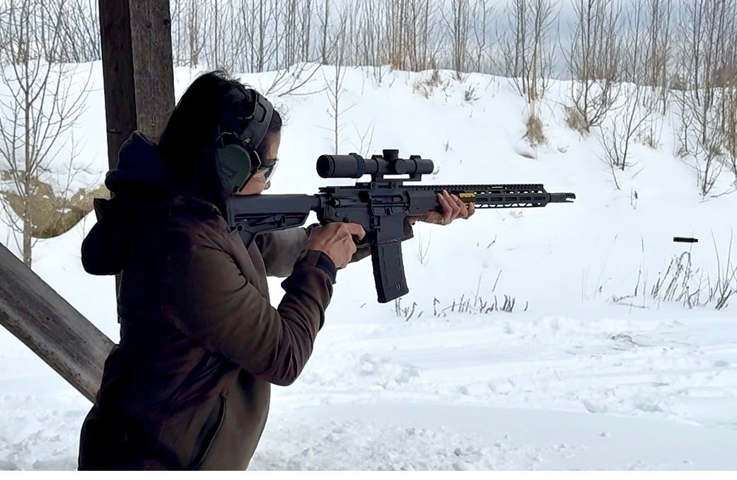 Nicole San Juan, a member of the Vantaa Reservists, at a shooting practice at the Loppi range