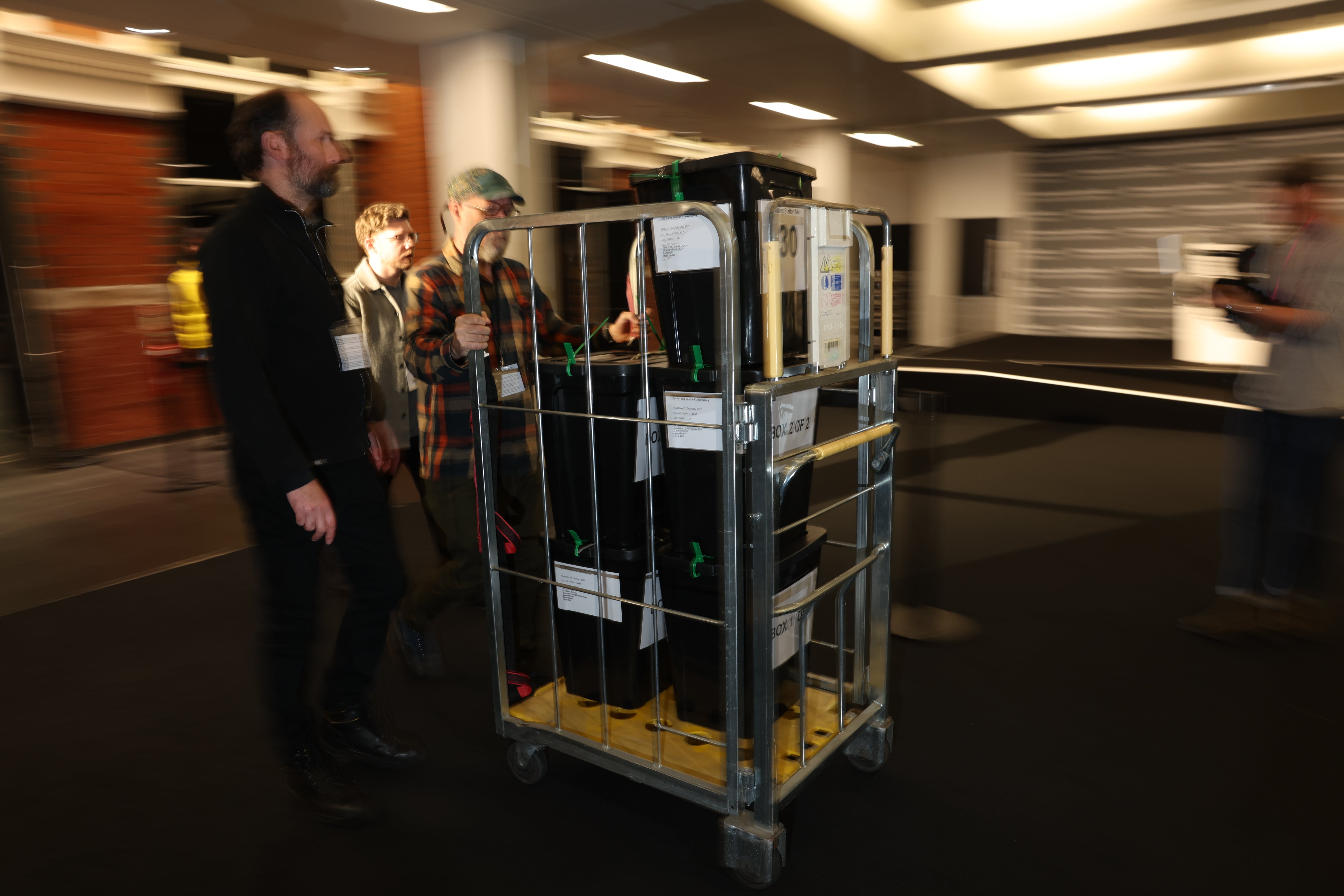 Boxes of votes to be counted for the Gorton And Denton By-Election arrive on February 26, 2026 in Manchester, England