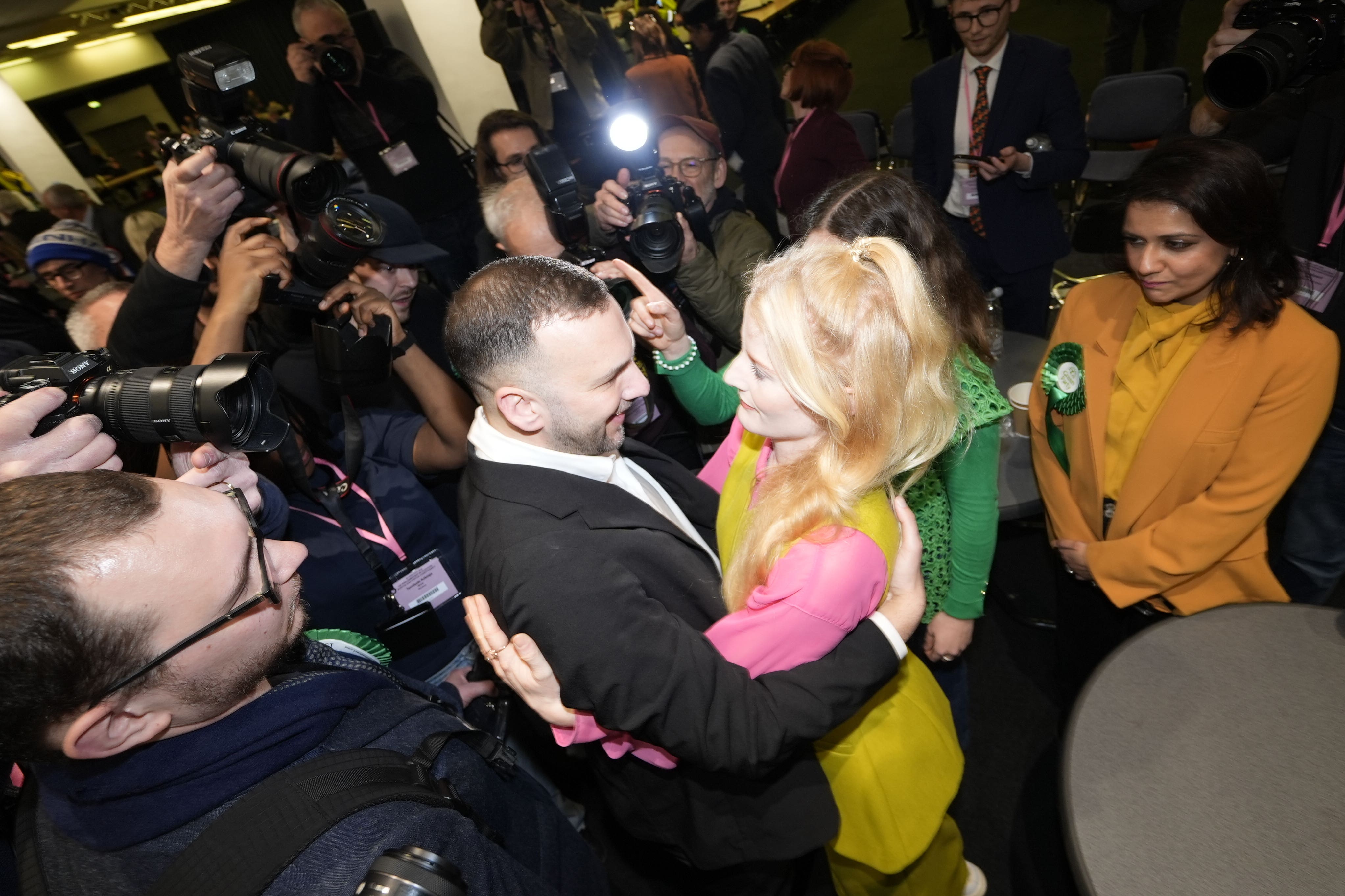 Green Party's Hannah Spencer celebrates winning the Gorton and Denton by-election with leader Zack Polanski in February