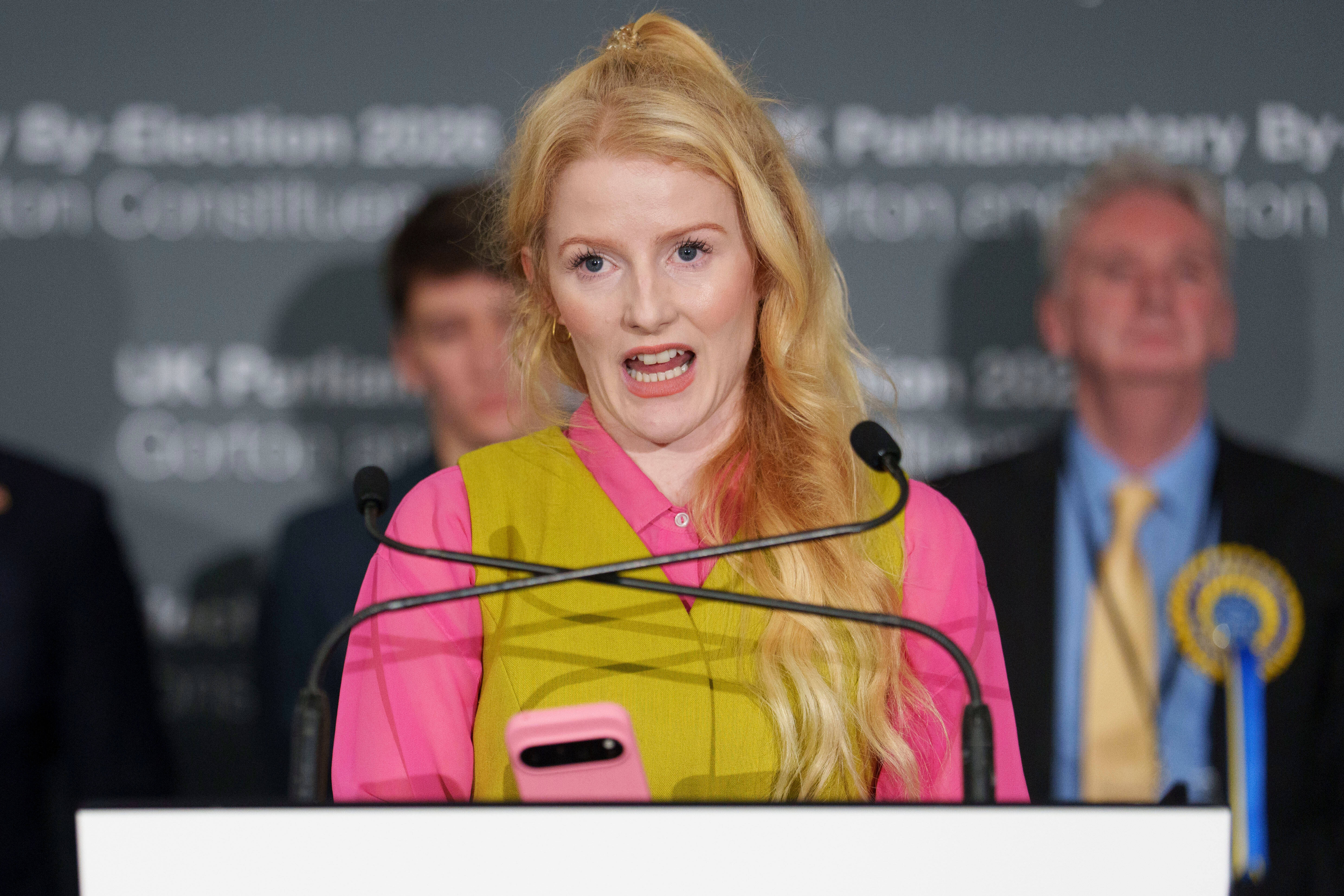 The Green Party candidate Hannah Spencer speaks after winning the Gorton and Denton by-election