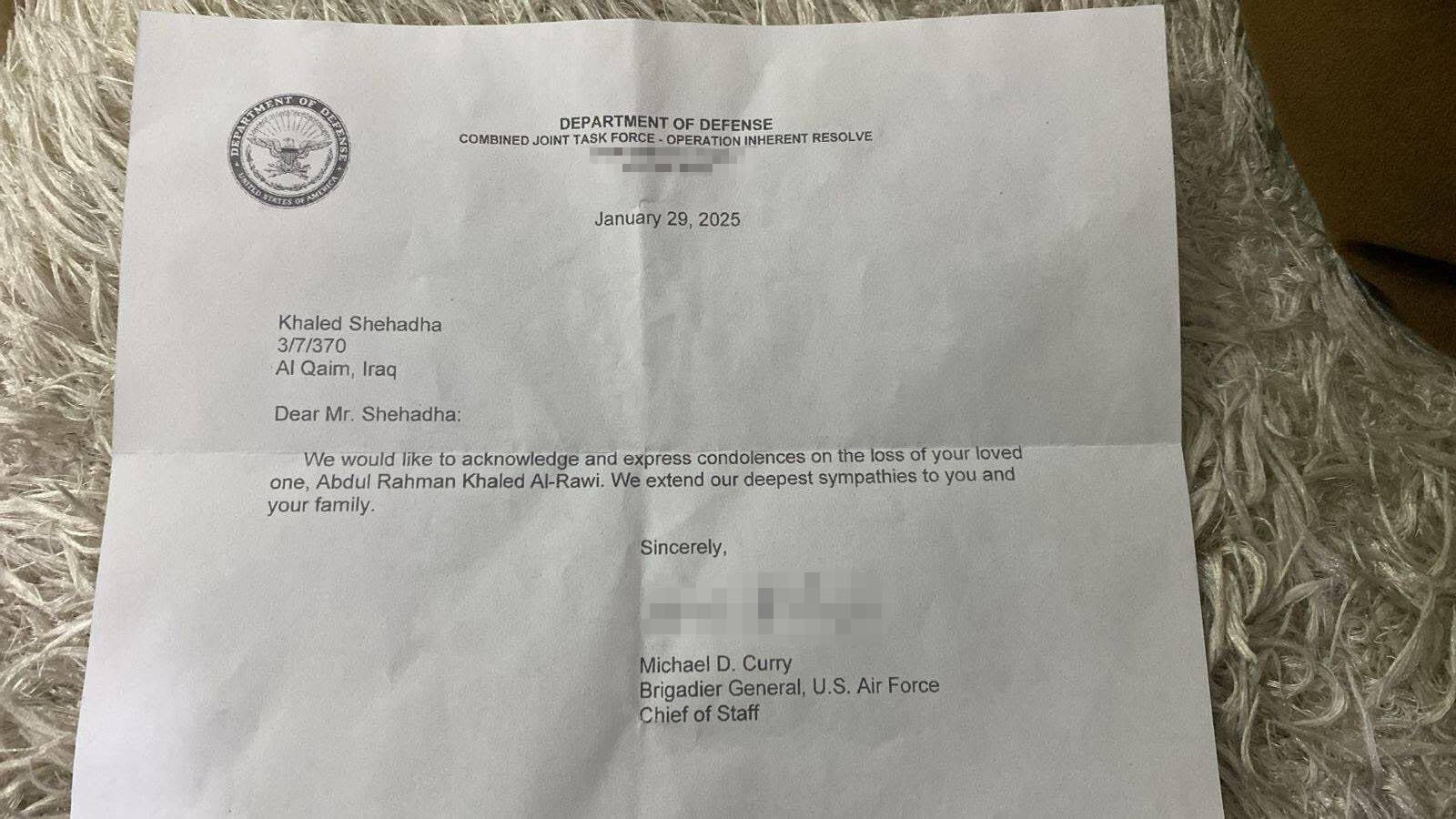 The letter of condolence to Abdul-Rahman's family