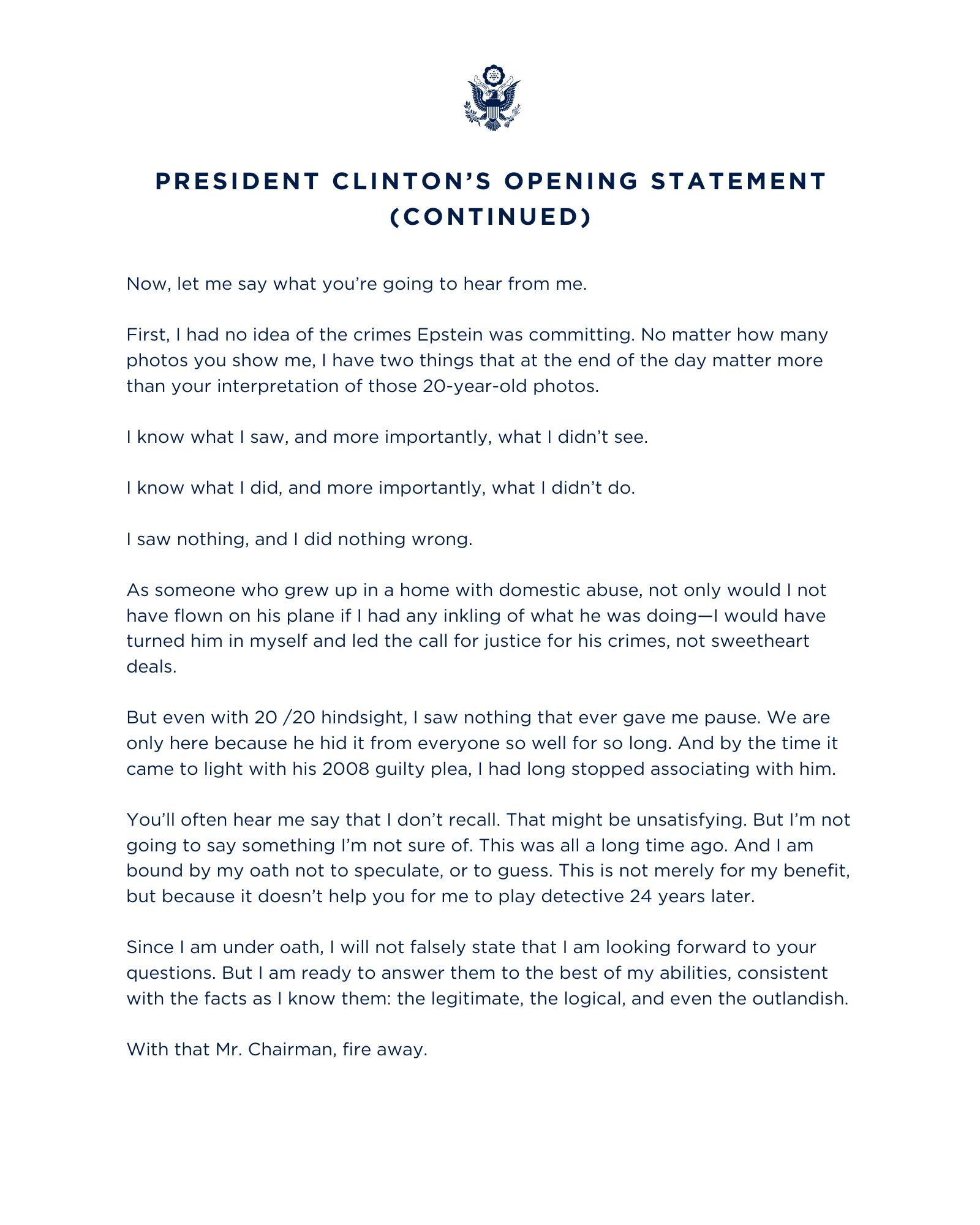 Bill Clinton's statement to the House Oversight Committee