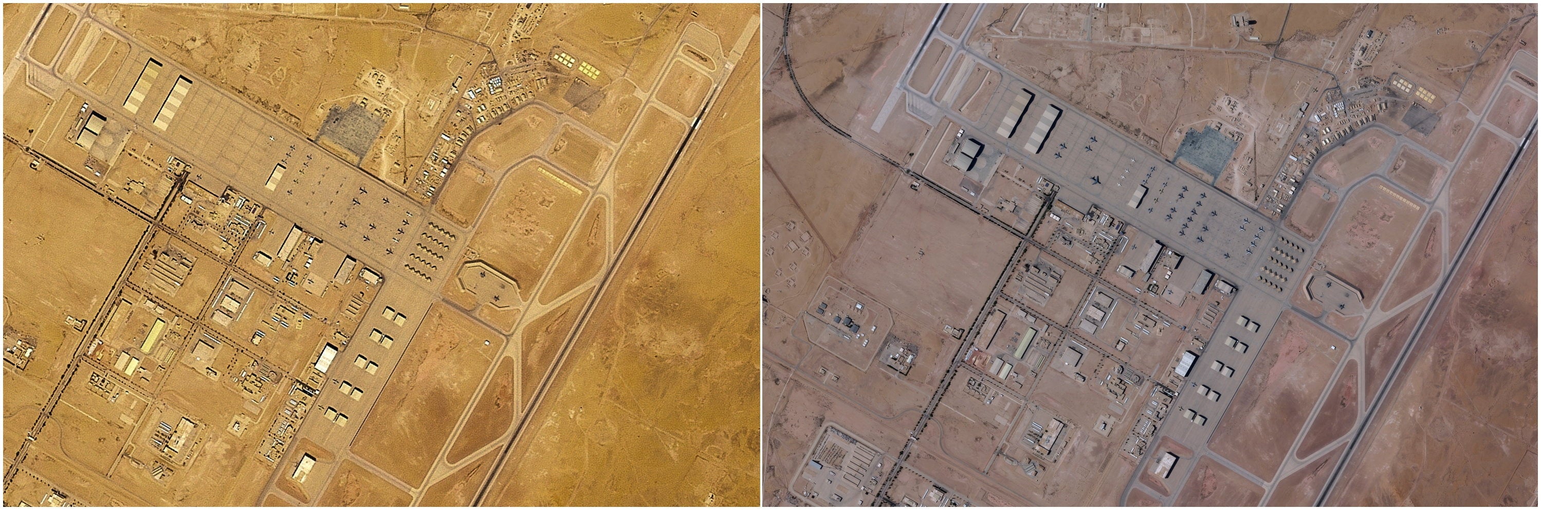A combination picture of satellite images show planes at Prince Sultan Air Base in Saudi Arabia on February 17, 2026 (left), and on February 21, 2026 (right)