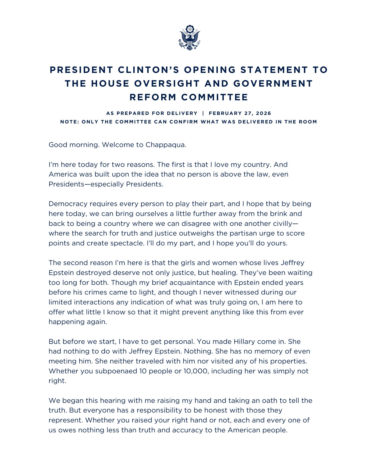 Declaração de Bill Clinton ao Comitê de Supervisão da Câmara