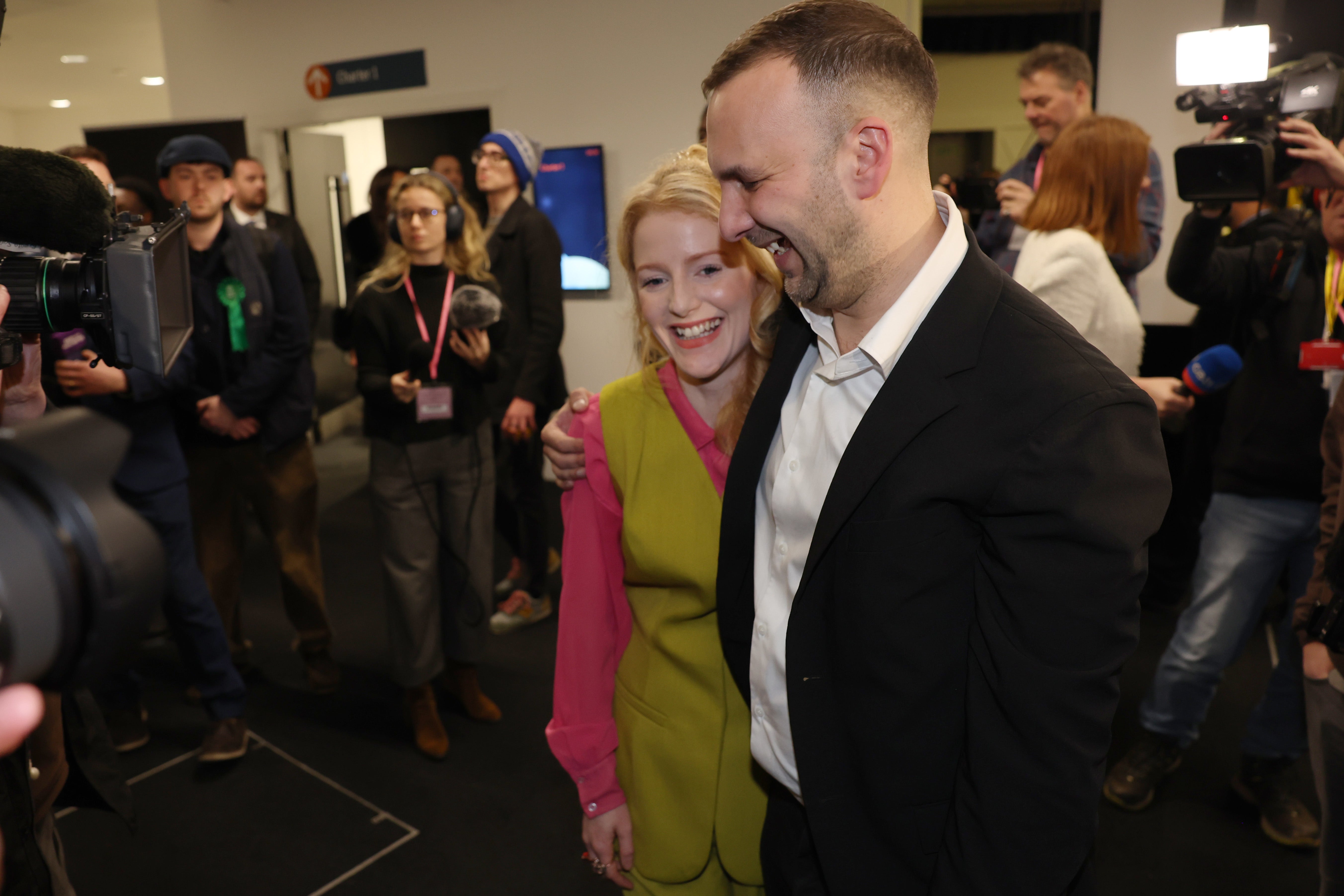 Spencer celebrating with Green Party leader Zack Polanski
