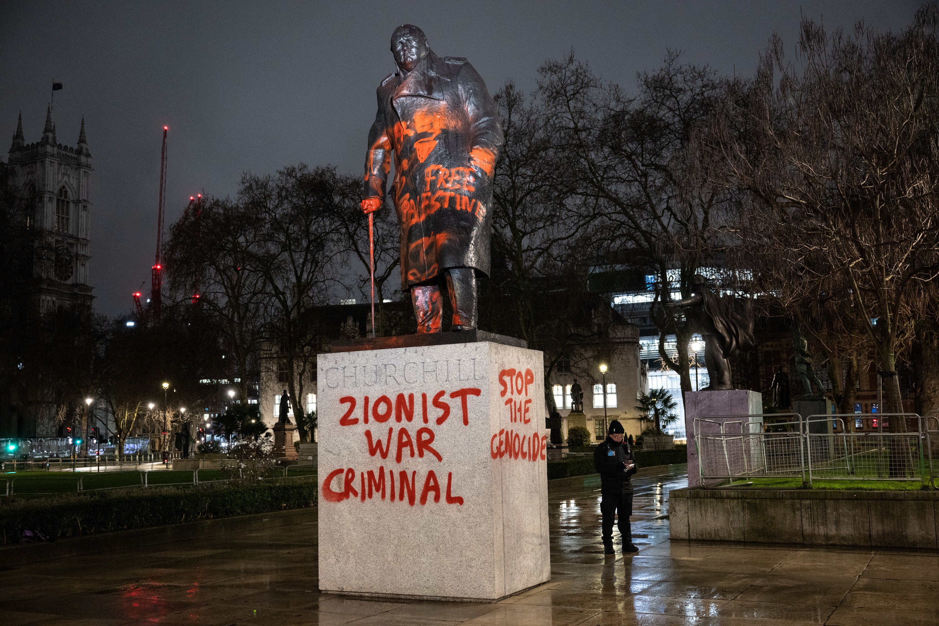A man was seen spraying graffiti on the statue in the centre of London early this morning