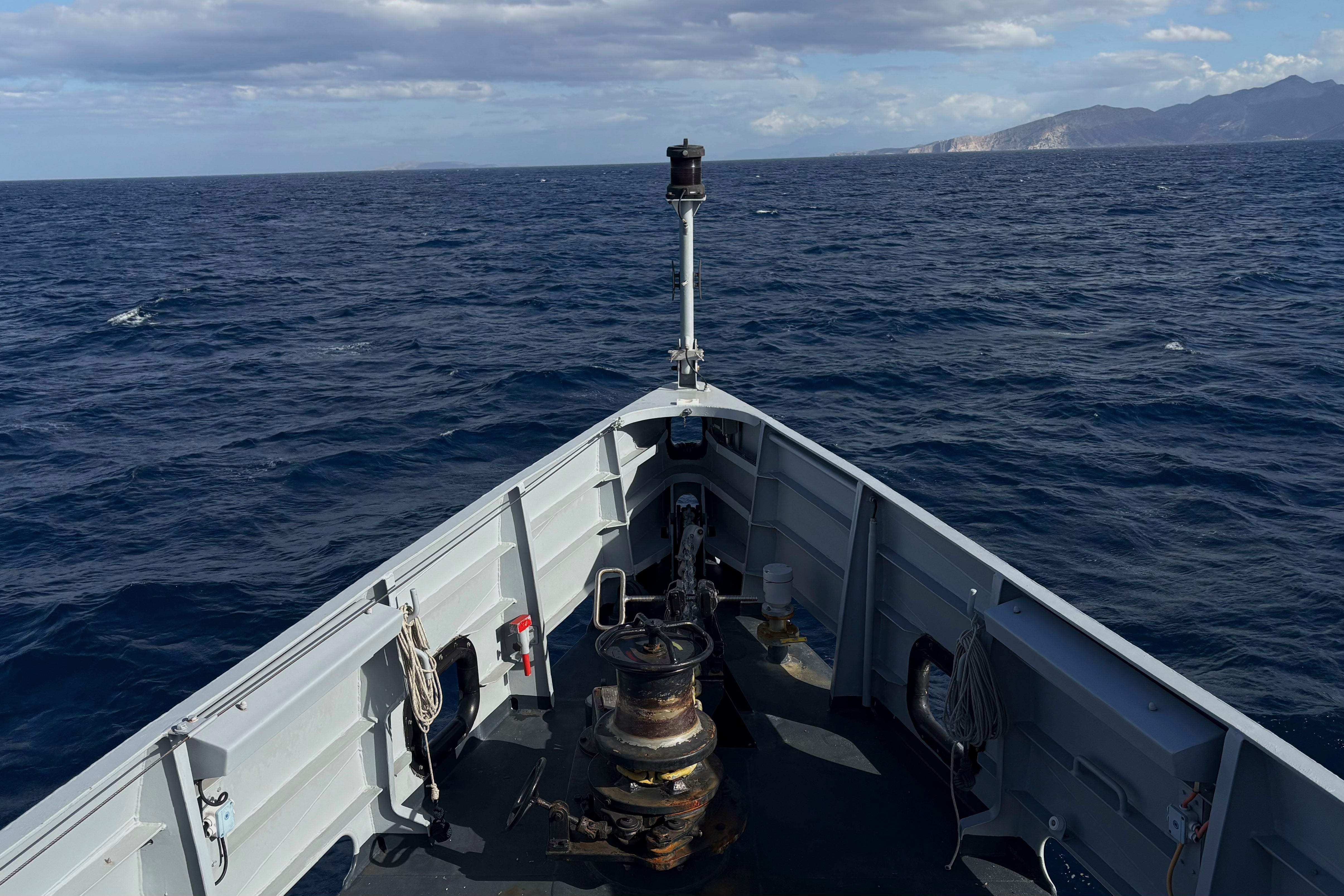 <p>A Frontex Italian Guardia Di Finanza OPV Osum patrols the Aegean Sea near Heraklion, Crete Island, Greece, Monday, Feb. 16, 2026. (AP Photo/Lefteris Pitarakis)</p>