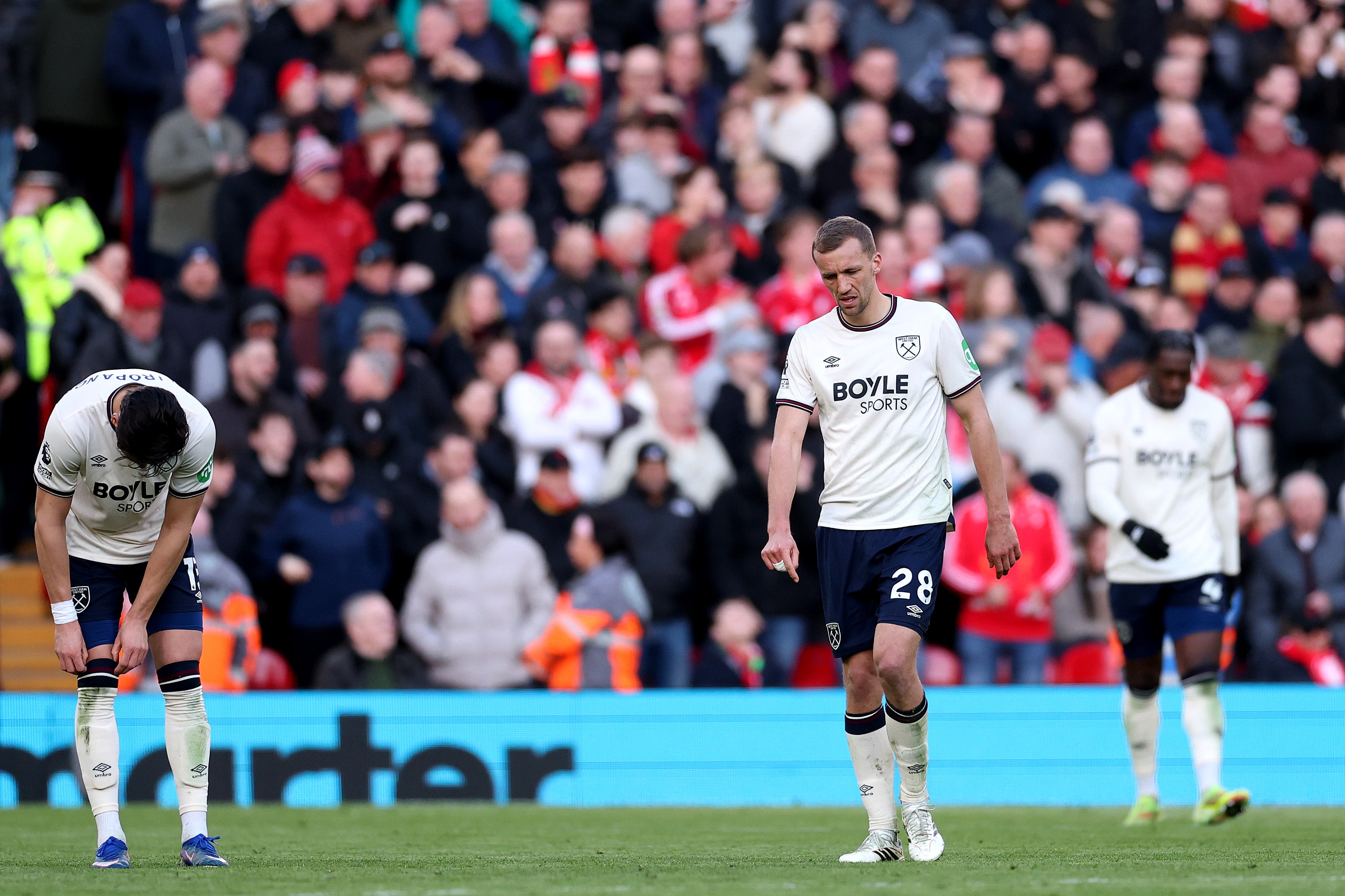 Tomas Soucek looks dejected after West Ham concede their fifth goal