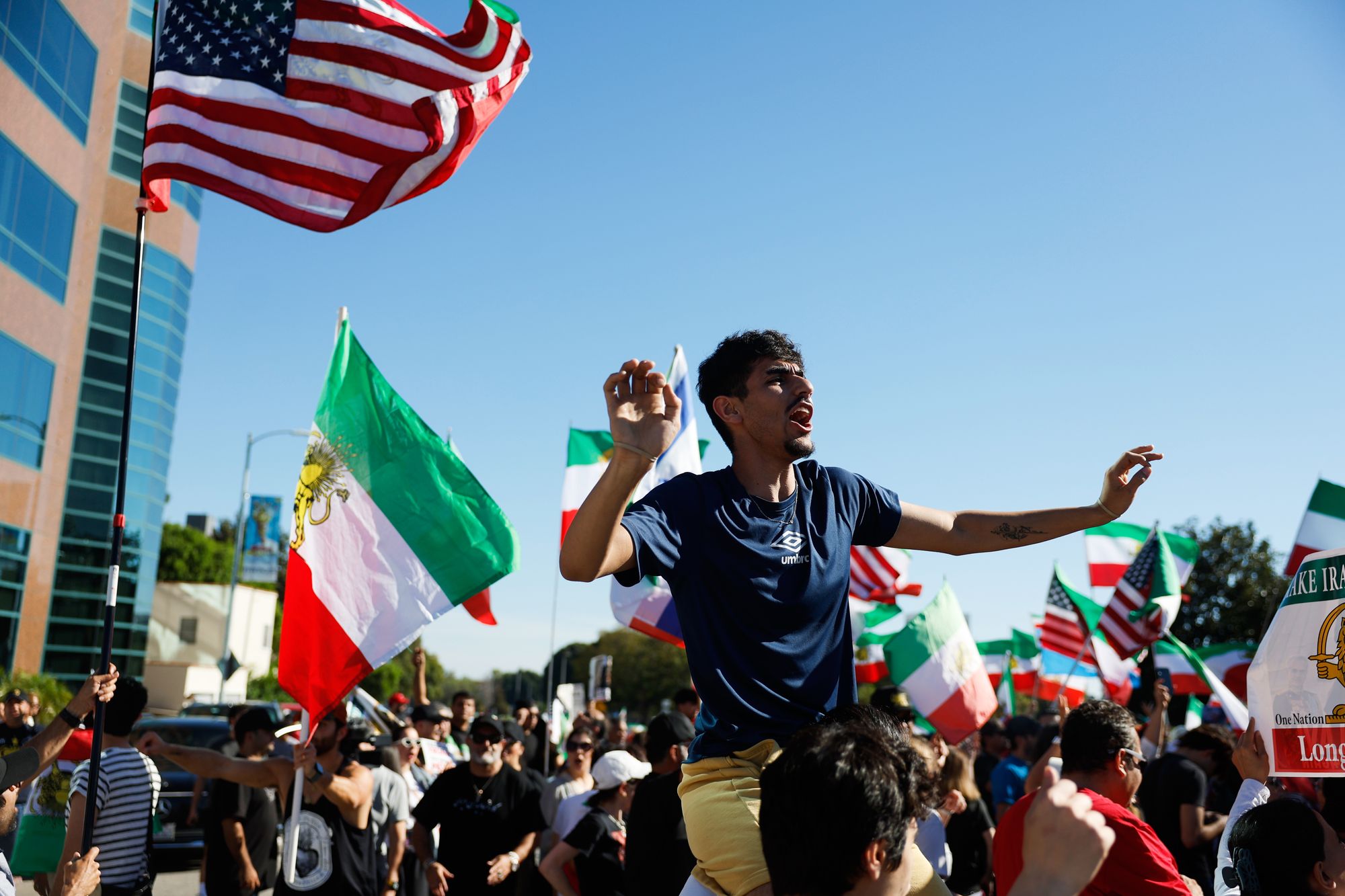 People march and shout slogans during a demonstration in reaction to the U.S. and Israeli strikes on Iran on Saturday, Feb. 28, 2026, in Los Angeles