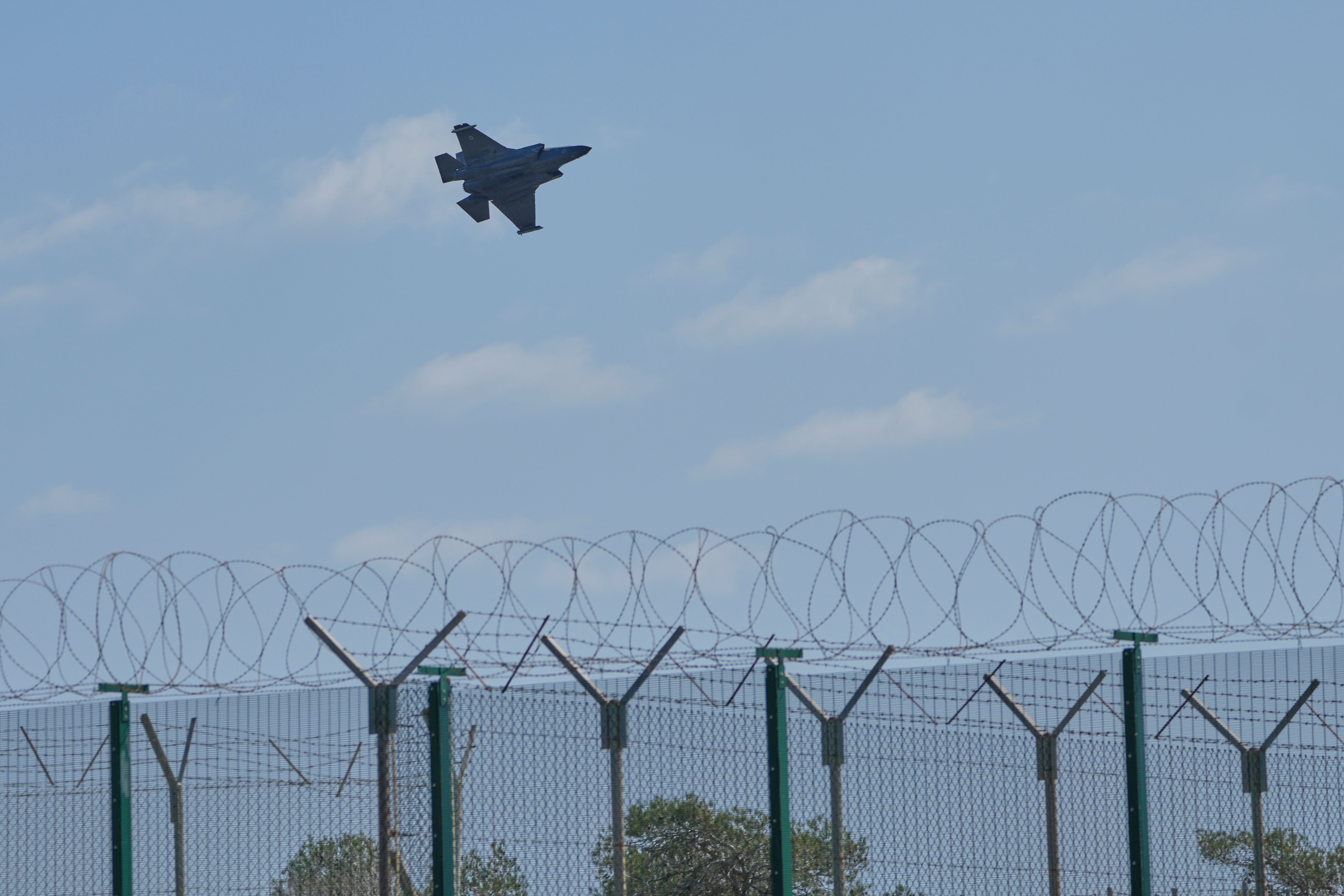 A Warplane takes off from RAF Akrotiri airbase, United Kingdom, after being hit by an early morning drone strike near Limassol, Cyprus, on Monday, March 2, 2026. (AP Photo/Petros Karadjias)