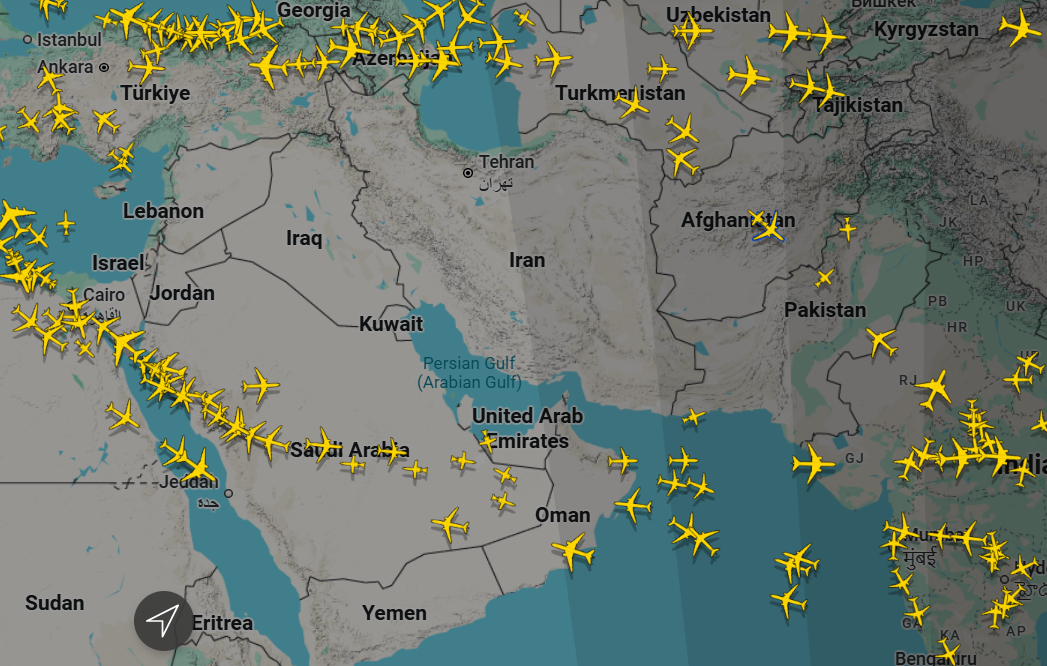 America’s biggest carriers have all canceled scheduled flights to the Middle East, with this map from Flightradar24 - dated to the afternoon of Monday, March 2 - revealing a vast no-go zone over the region