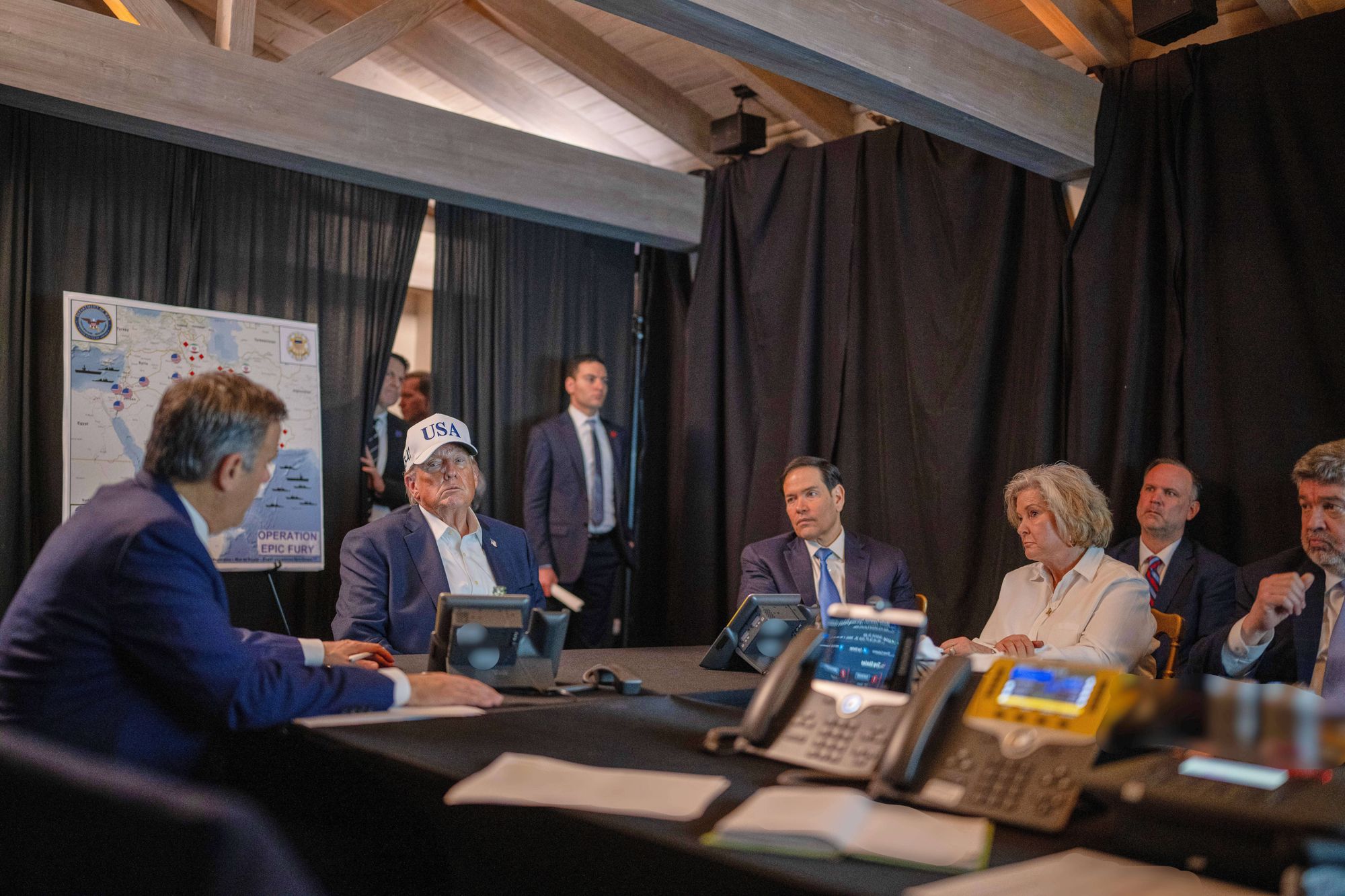 Trump was joined by Secretary of State Marco Rubio and White House chief of staff Susie Wiles as Operation Epic Fury was underway