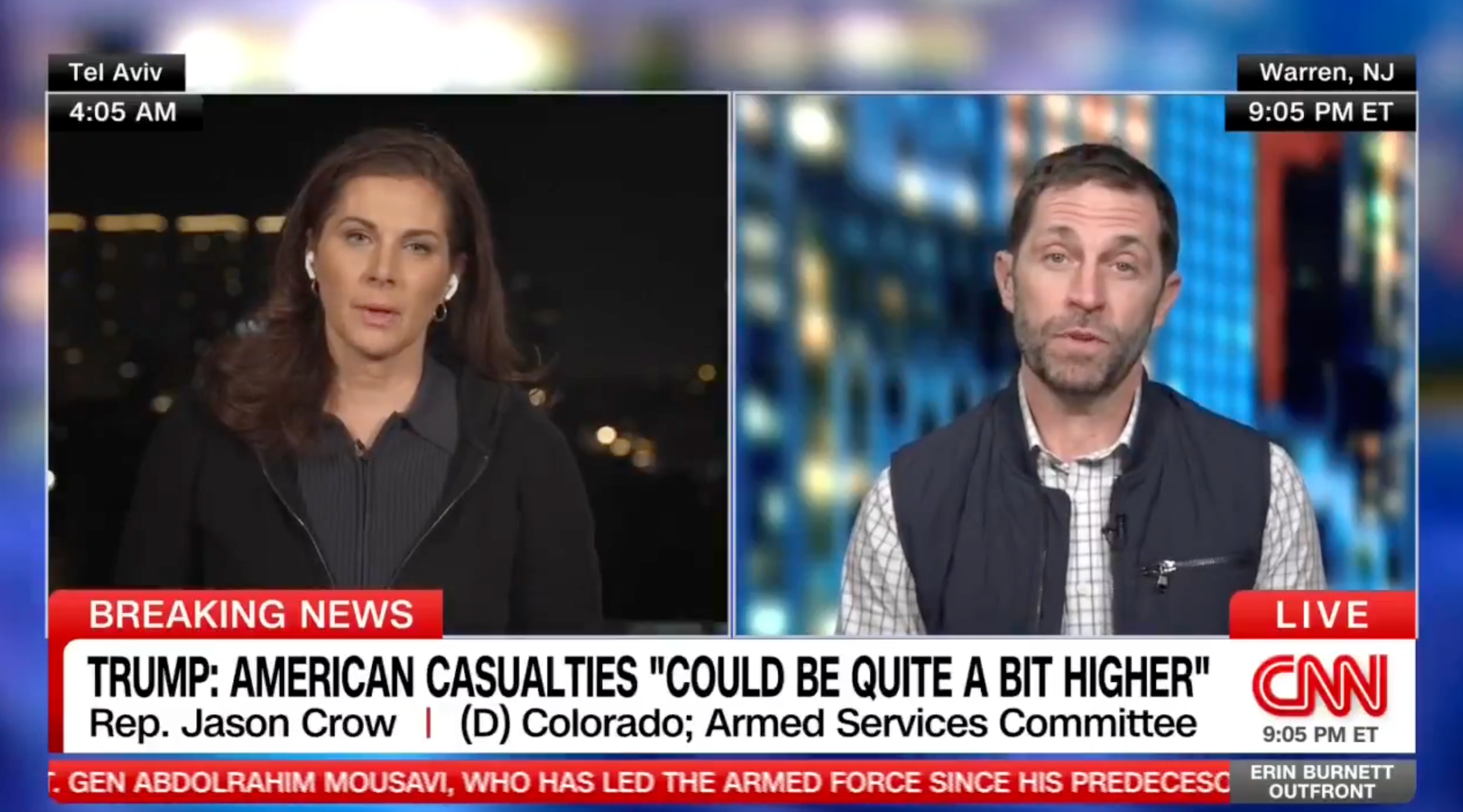 Colorado Democratic Rep. Jason Crow attacks President Donald Trump for being 'very cavalier with other people’s lives' in conversation with Erin Burnett on CNN on Sunday March 1, 2026