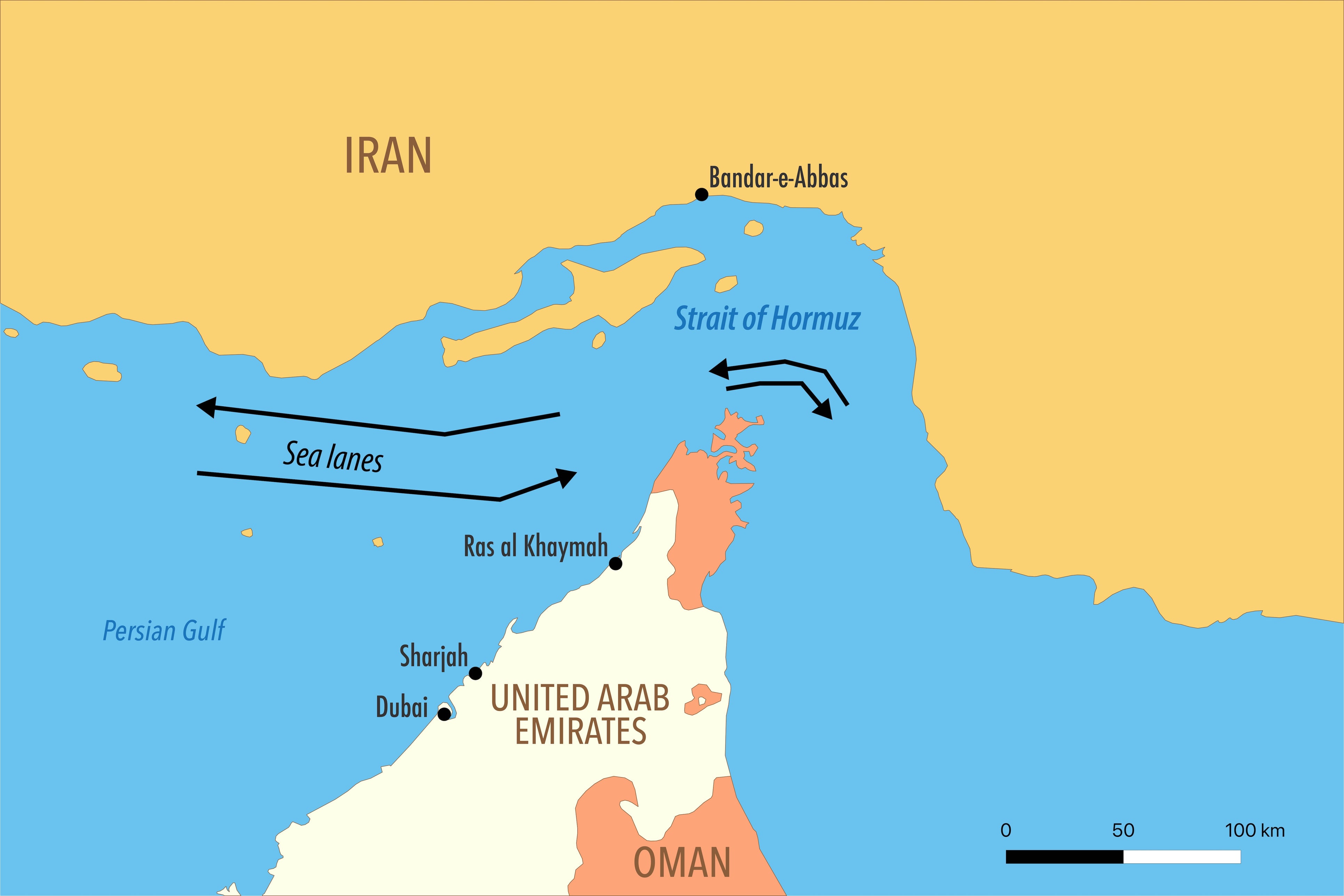 The Strait of Hormuz runs to the south of Iran and is just 21 miles across at its narrowest point