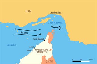 Map of the Strait of Hormuz with Sea Lanes, Surrounding Territories, and Shipping Routes