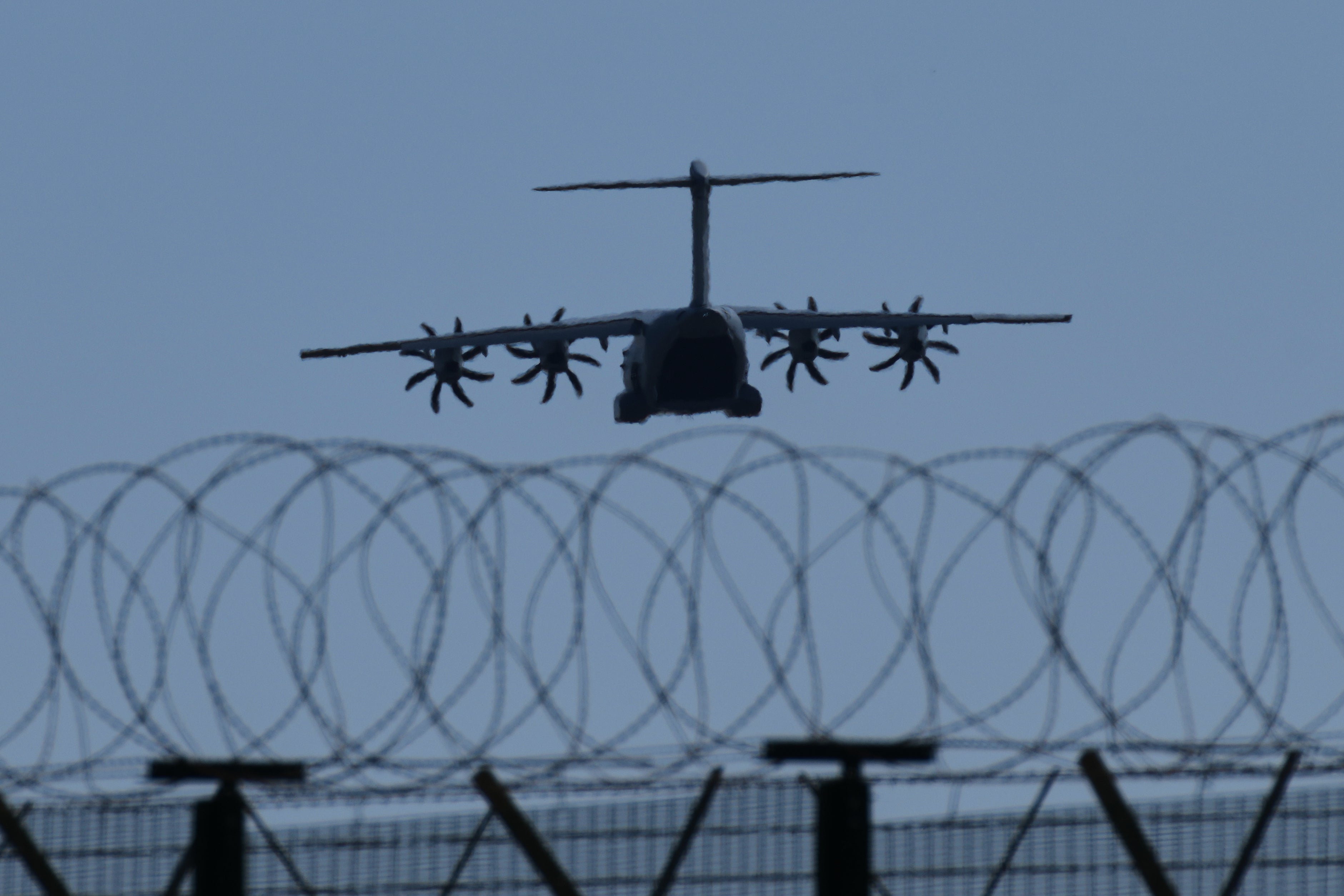 A transport aircraft prepares for landing at UK’s RAF Akrotiri air base near Limassol, Cyprus, Tuesday, 3 March 2026