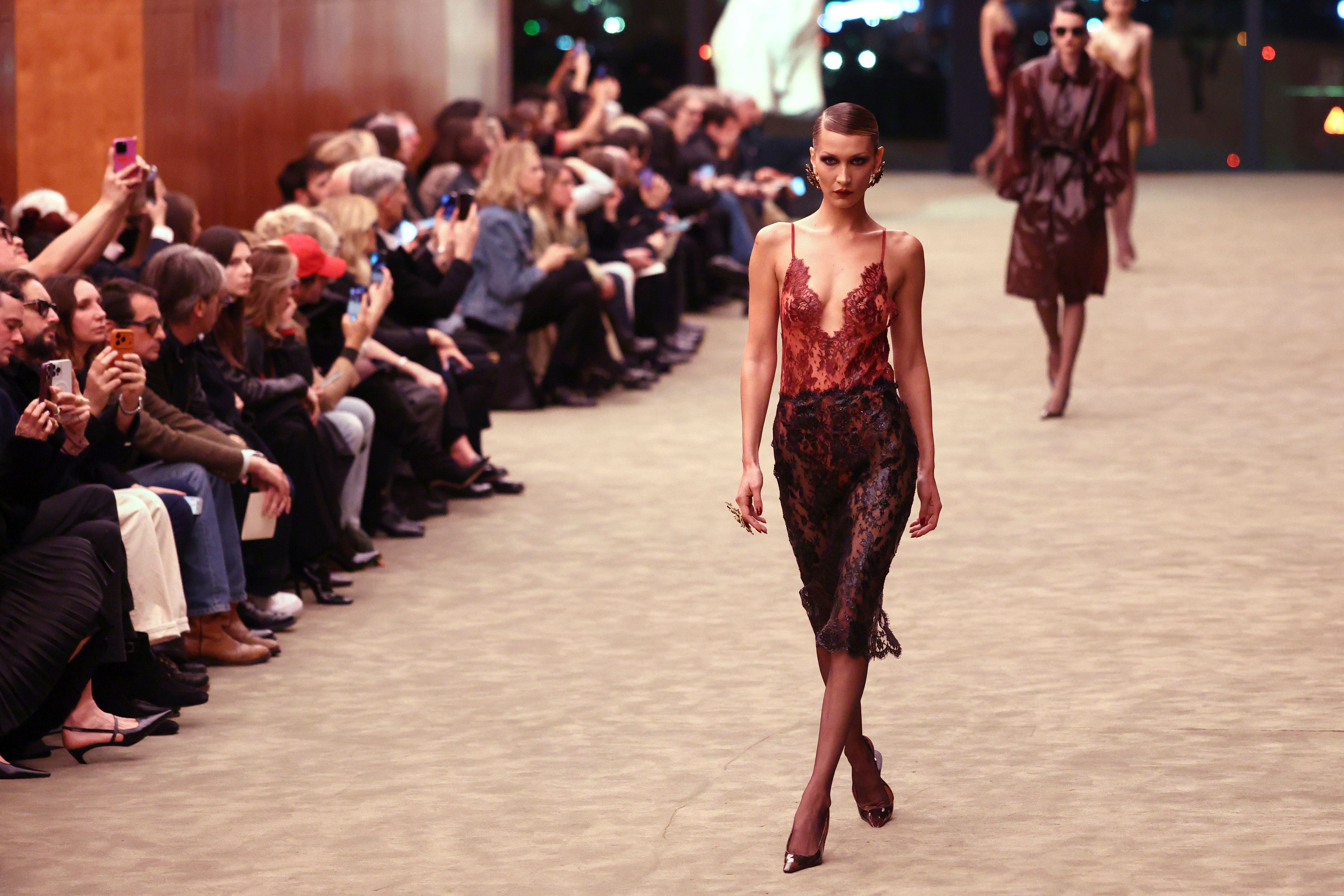 Bella Hadid walks Saint Laurent's tuxedo revival at Paris Fashion