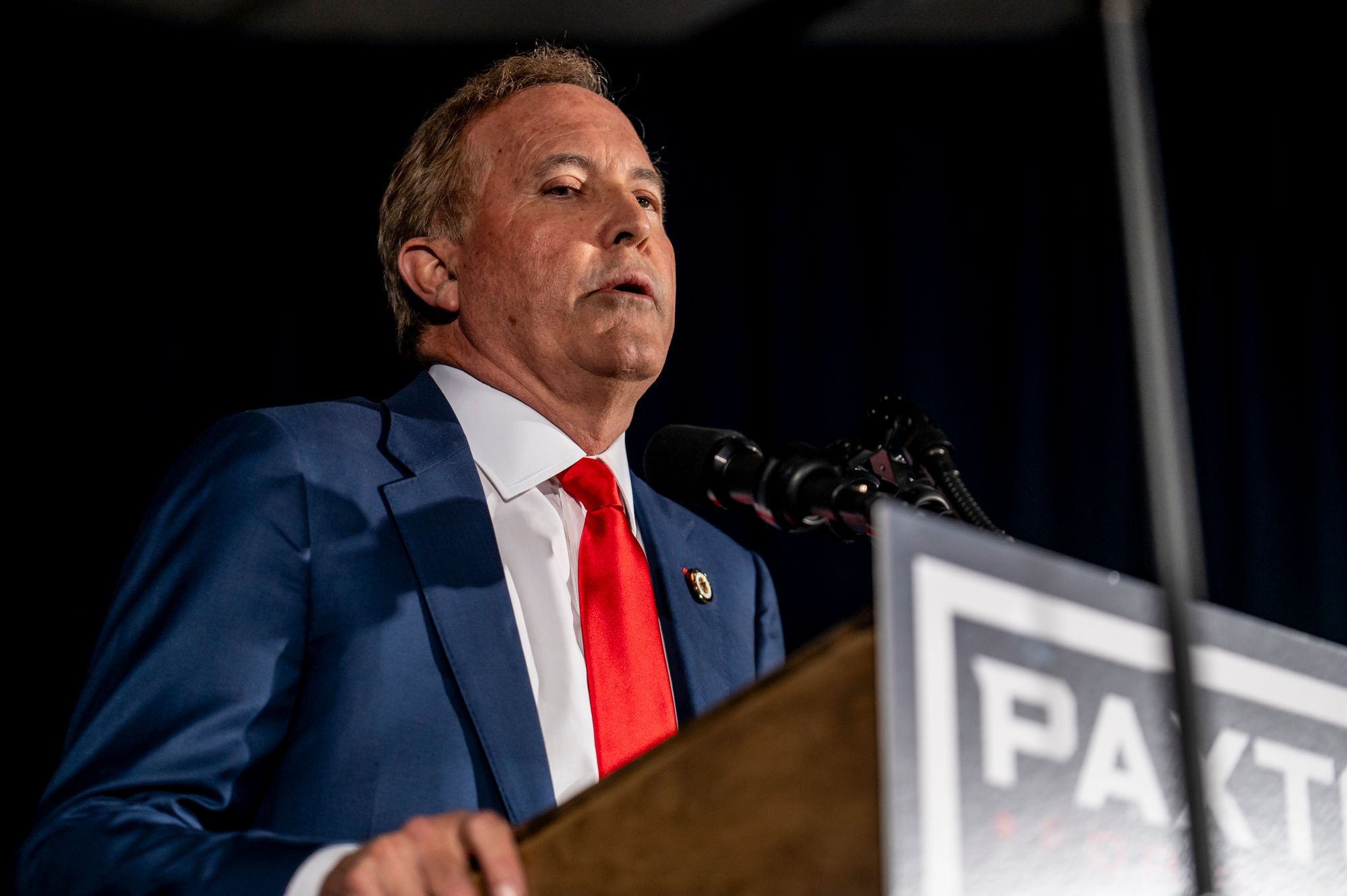 Texas Republican Senate candidate Ken Paxton speakers to supporters at his watch party in Dallas last night