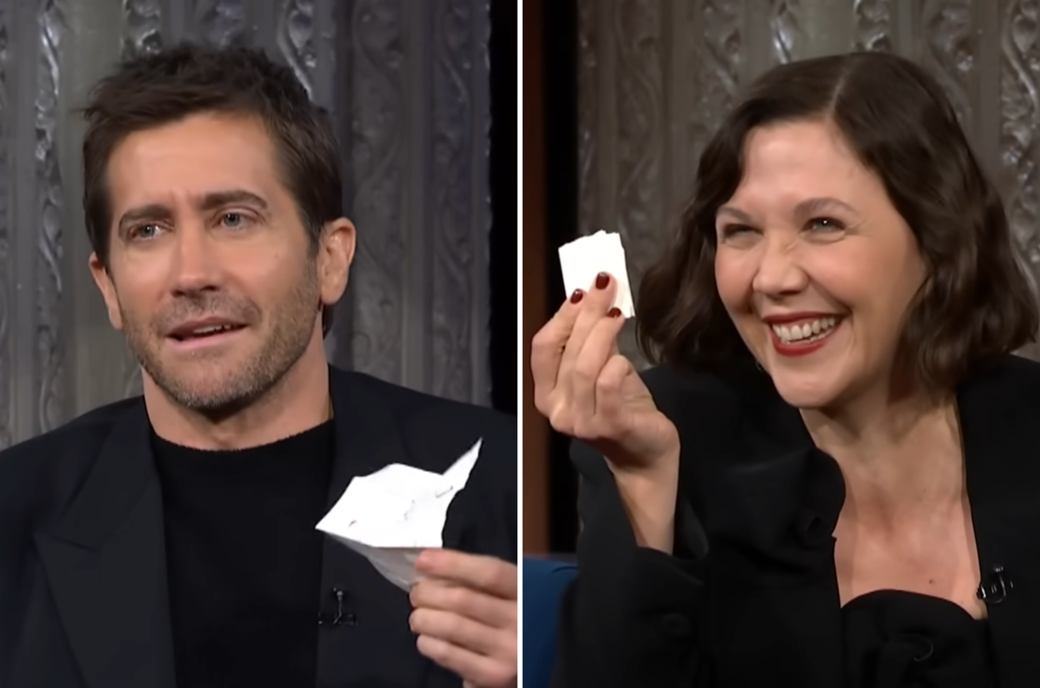 Jake Gyllenhaal reads meaningful note sister Maggie left for him in Late Show couch