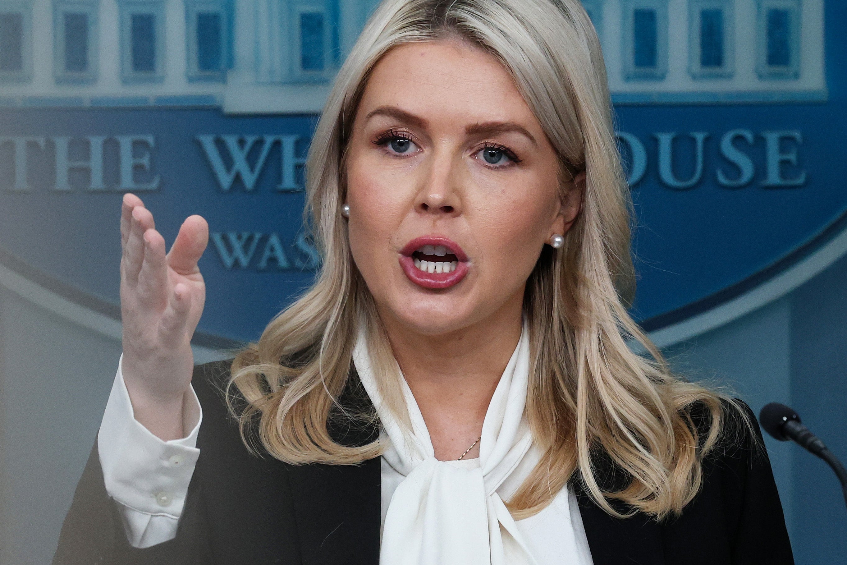 White House Press Secretary Karoline Leavitt speaks during a news briefing in the James S. Brady Press Briefing Room of the White House on March 04, 2026 in Washington, DC