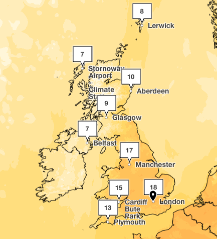 Temperatures set to be hotter than parts of Spain on Thursday with highs of 18C predicted for the south of England