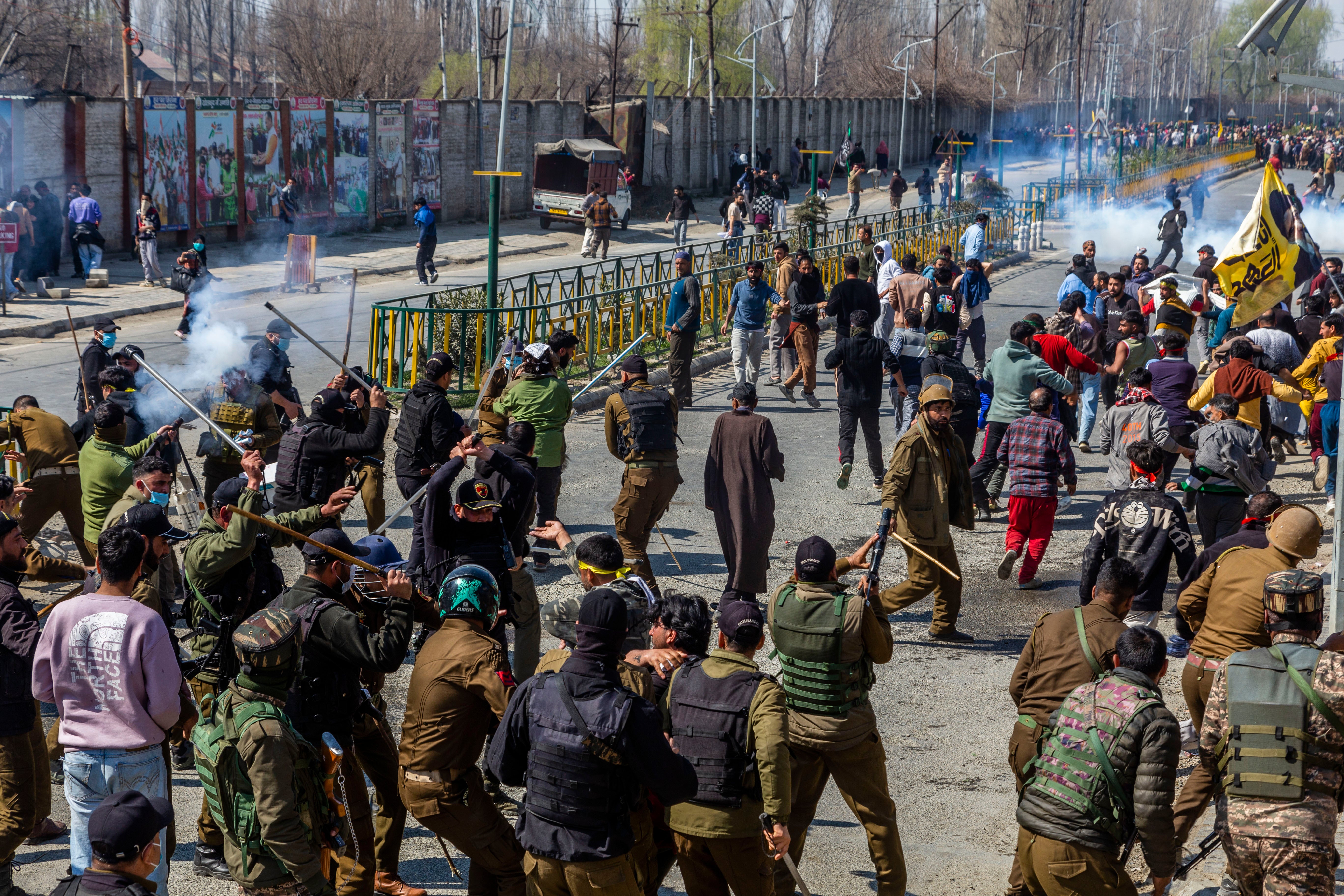 Indian policemen baton charge Kashirimi Shiite Muslim protester during a protest march against the US and Israel, after Iran's supreme leader Ayatollah Ali Khamenei was killed in Israeli and US on 2 March 2026 in Srinagar, India