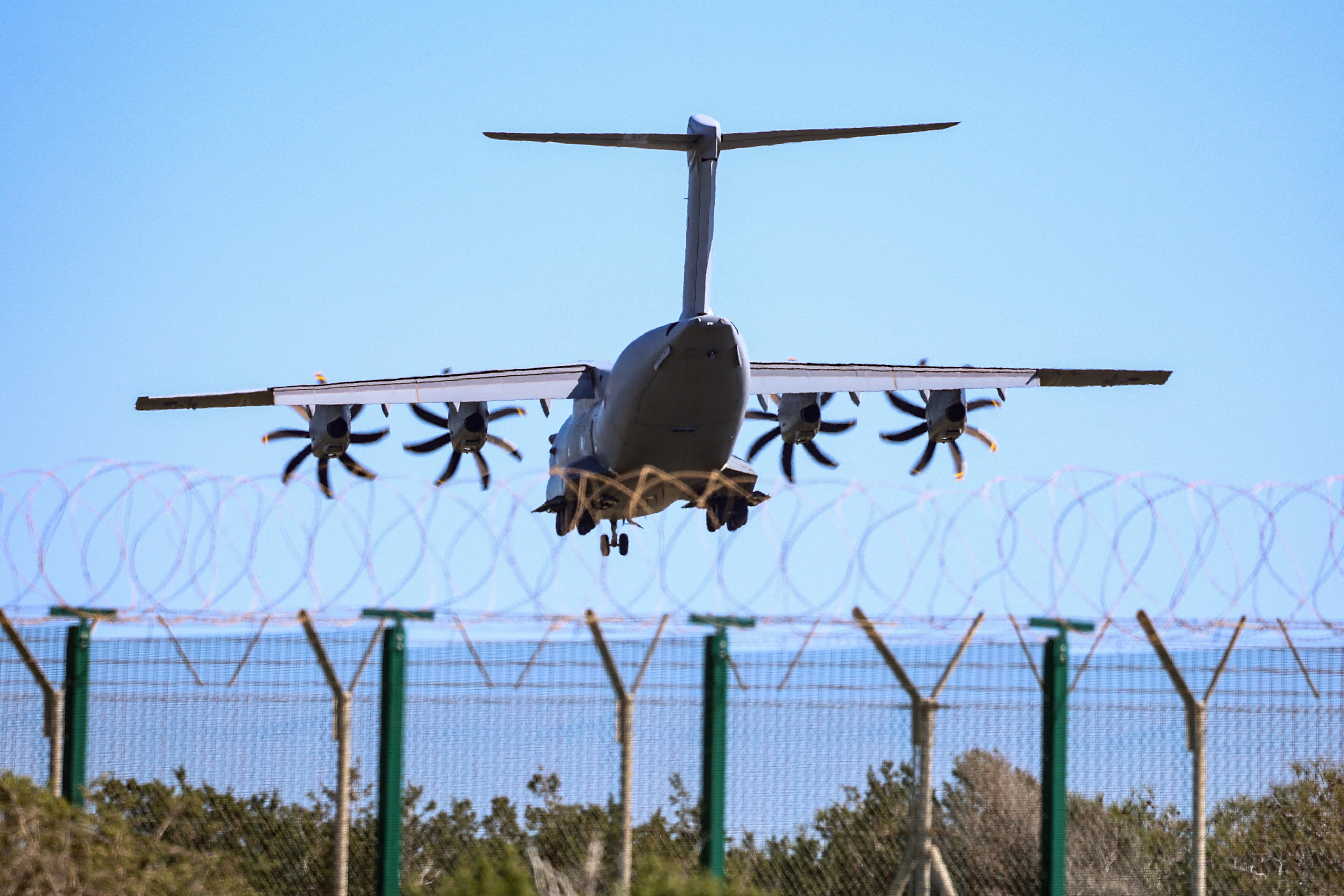 A British Airbus A400M military aircraft approaches RAF Akrotiri