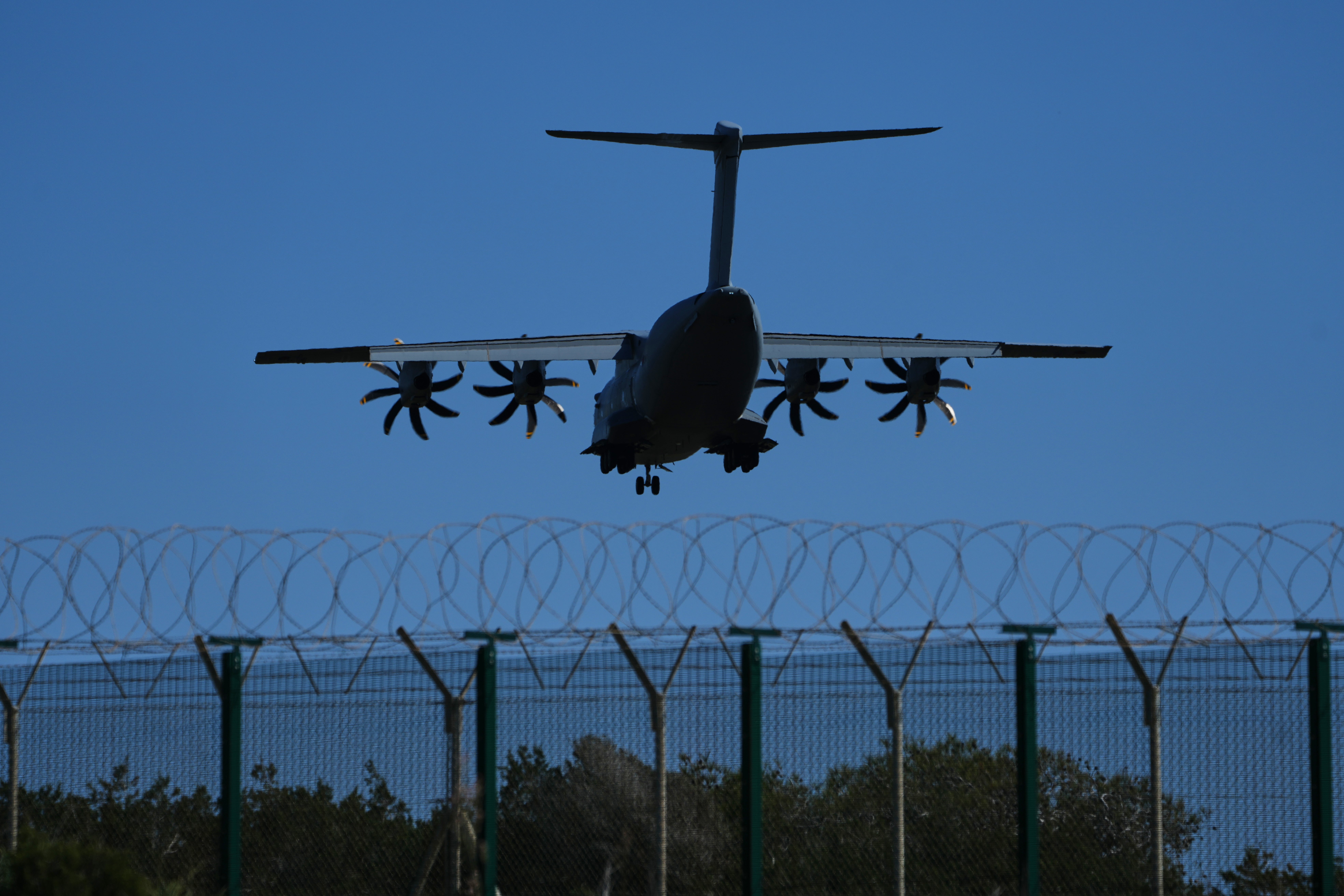 A transport plane arrives at RAF Akrotiri air base near Limassol, Cyprus (Petros Karadjias/AP)