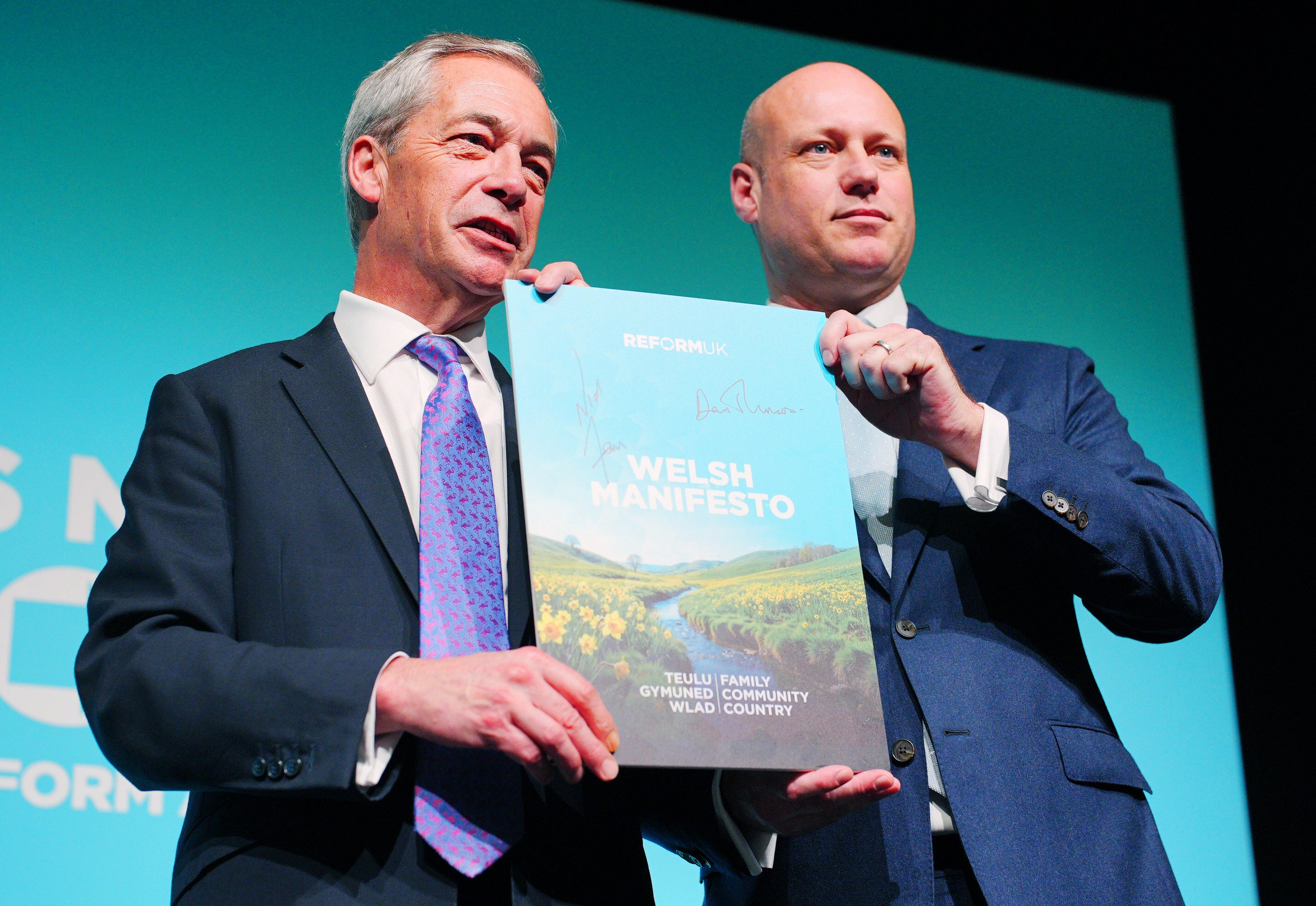 Reform UK leader Nigel Farage (left) and Reform UK leader in Wales Dan Thomas at the Reform UK manifesto launch for the Senedd elections in May (Ben Birchall/PA)