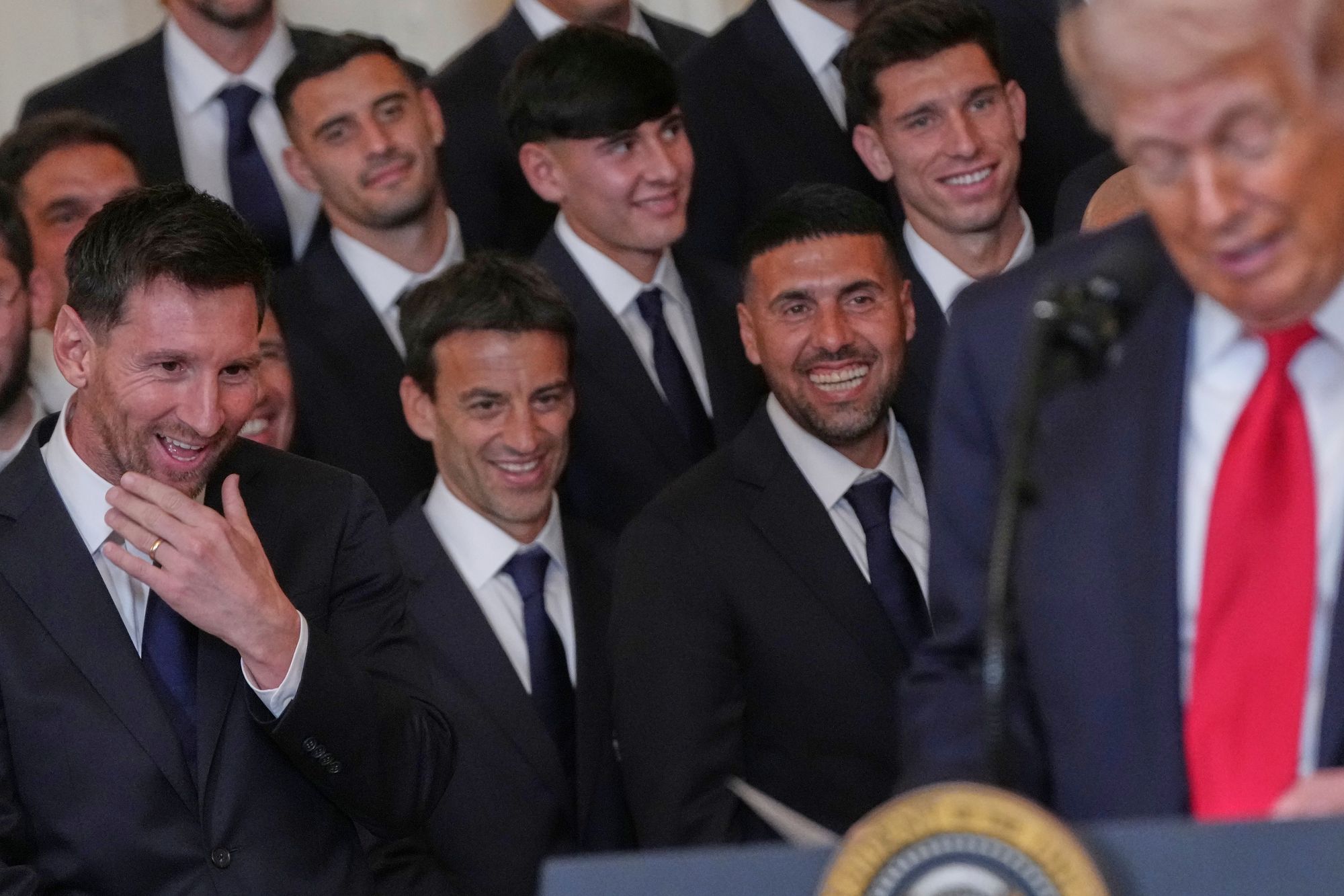 Donald Trump boasted of ‘totally demolishing’ Iranian military forces as world famous soccer star Lionel Messi and his Miami teammates stood awkwardly behind him at a White House event Thursday