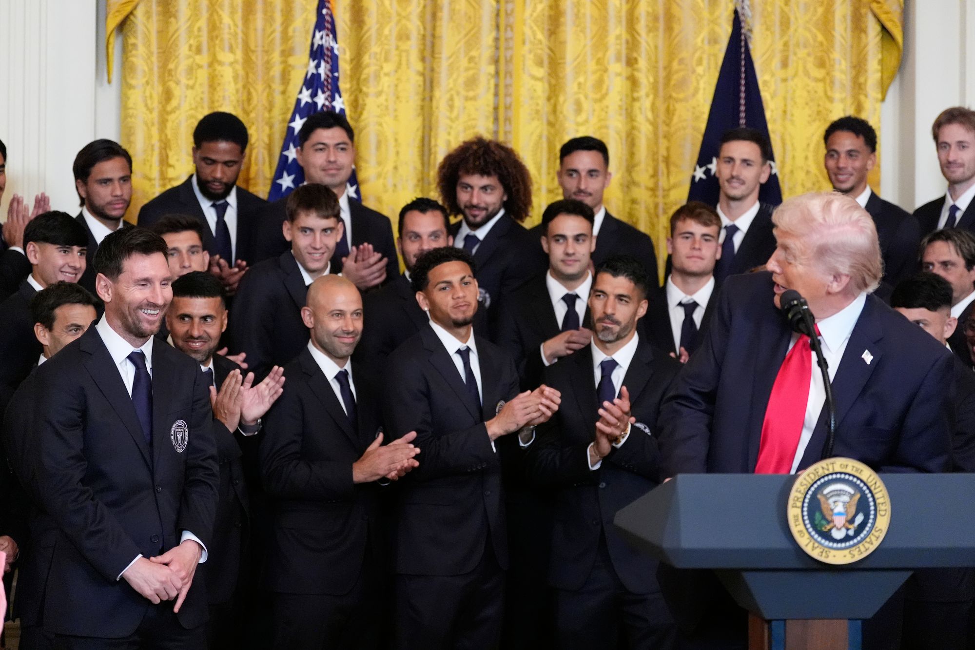 After giving brief remarks on the economy and operations in Cuba, Trump finally turned to the players – boasting that he was the only president who had been able to get Messi to the Oval Office