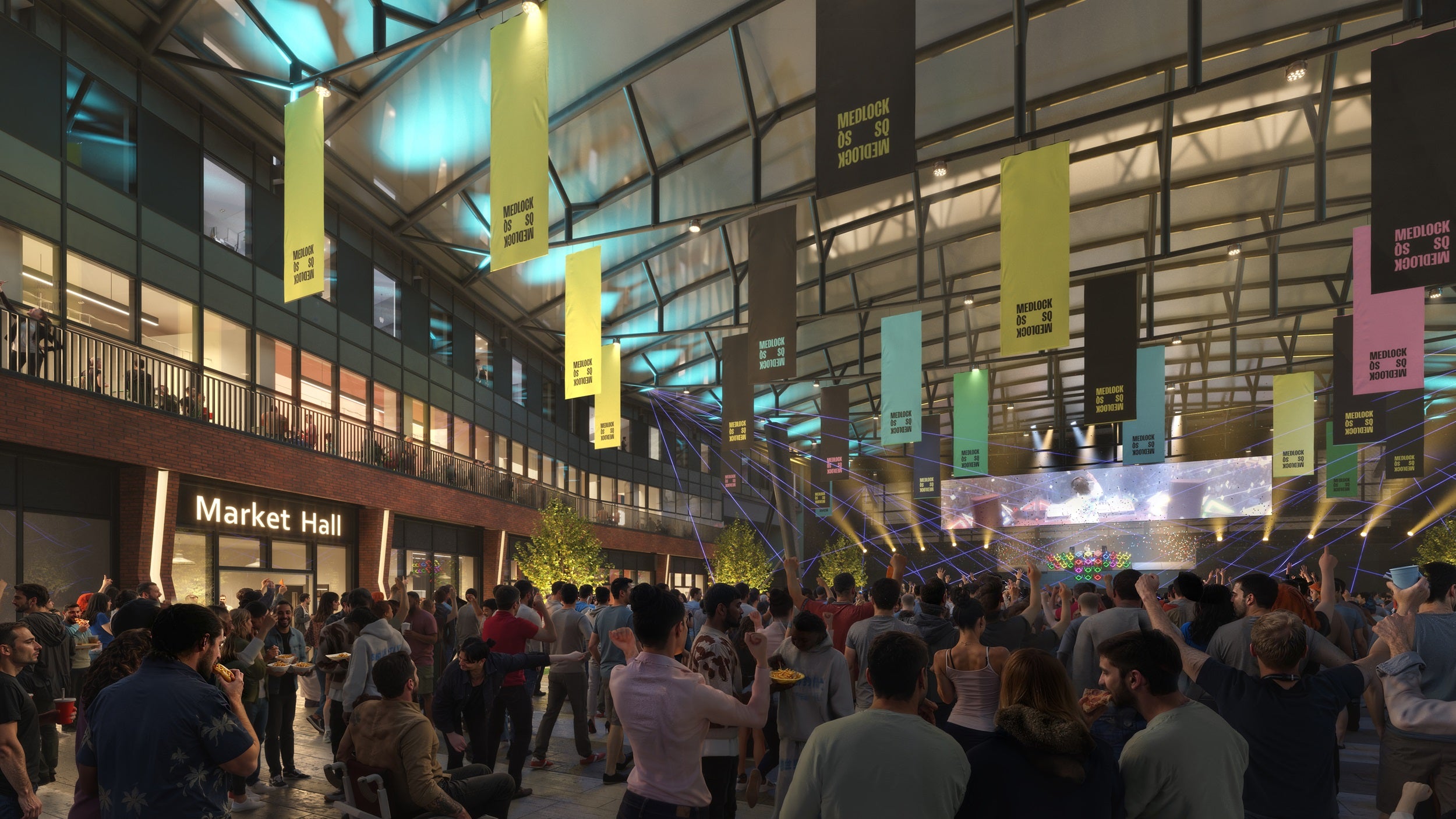 A rendering of the food and drink vendors at Medlock Square