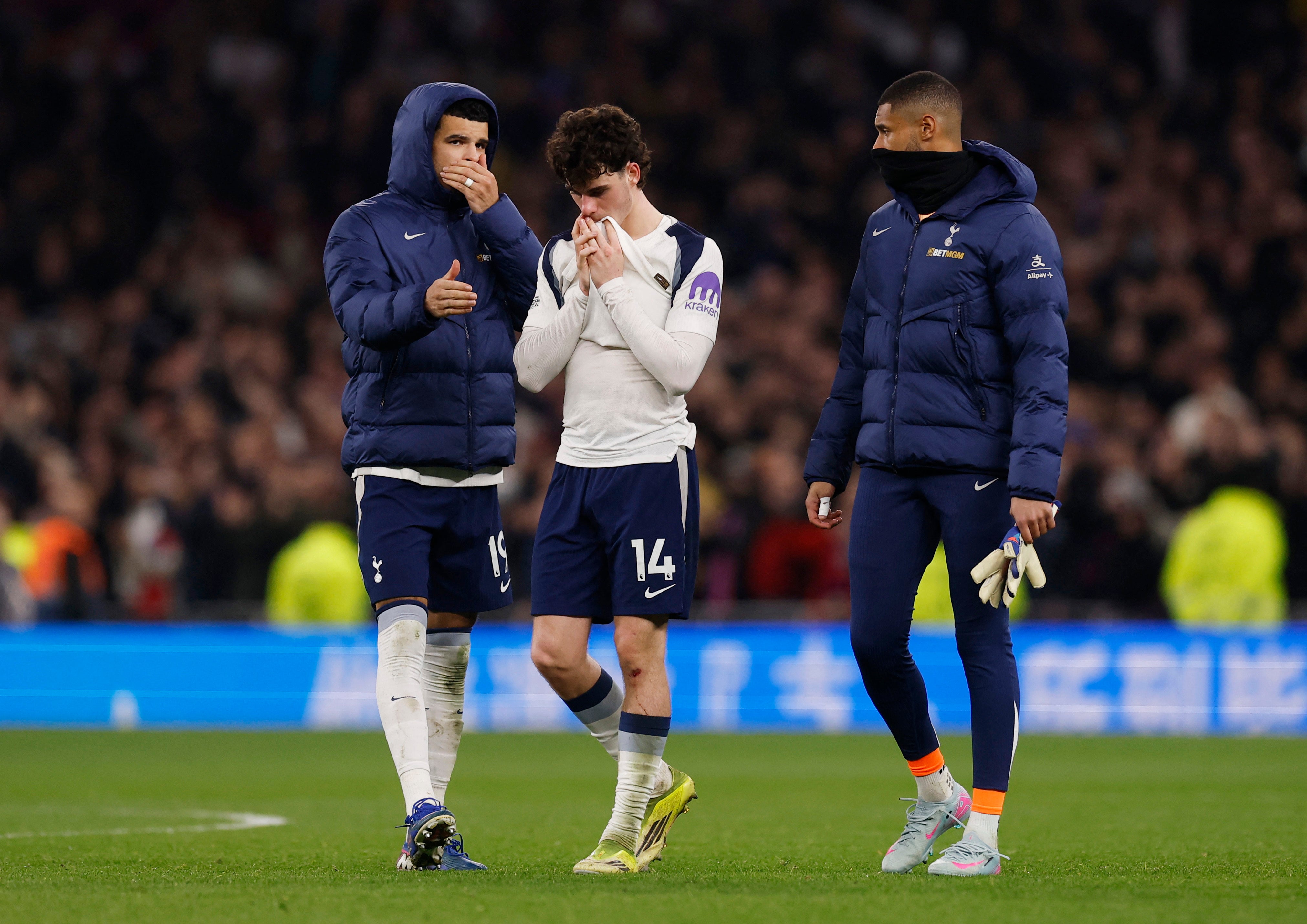 Tottenham’s Archie Gray looks dejected after Thursday’s defeat