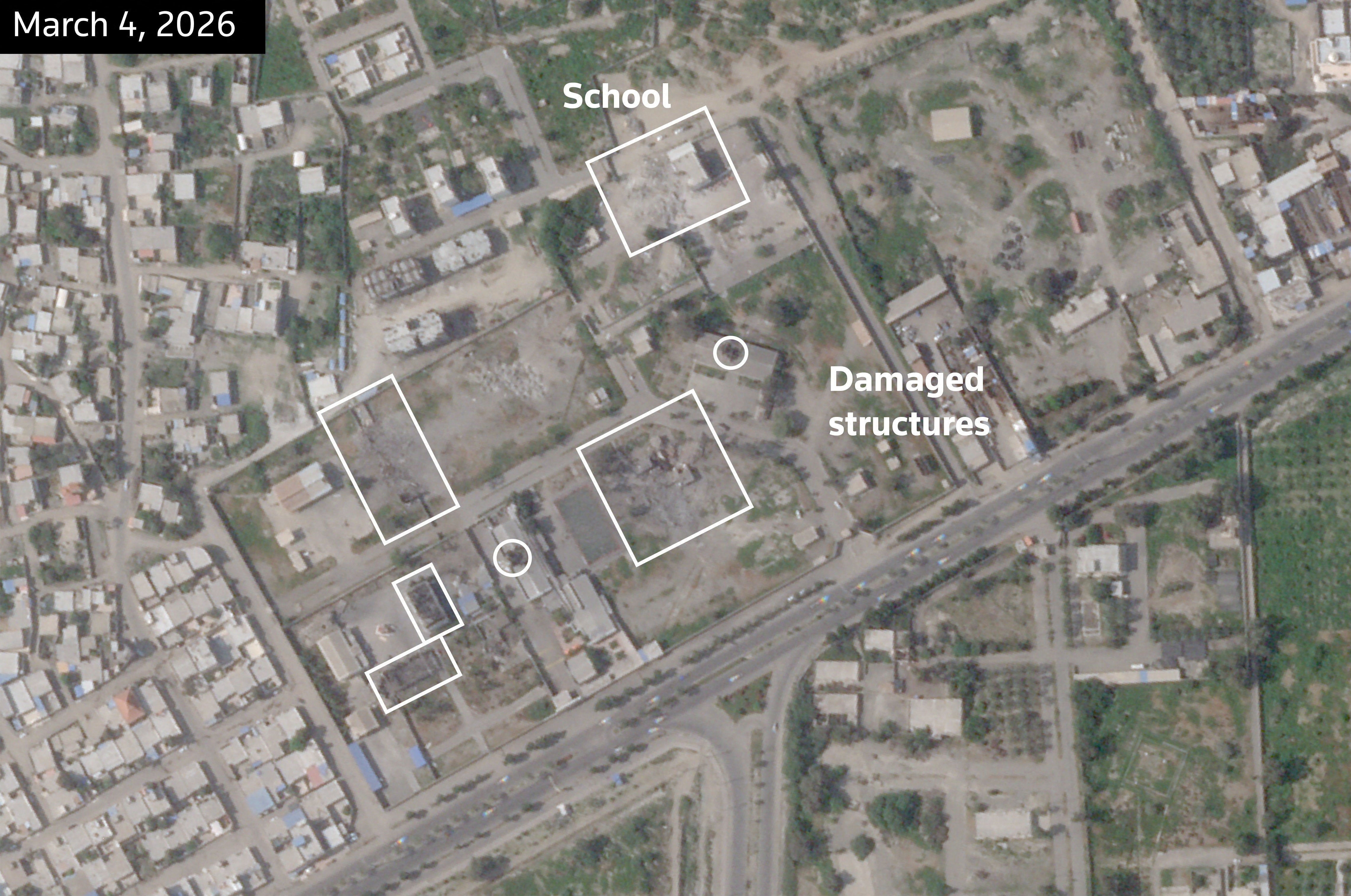 A satellite image, annotated by Reuters, shows the Shajareh Tayyebeh girls' school and other structures damaged after being struck, amid the US-Israeli conflict with Iran, in Minab, Hormozgan Province, Iran, 4 March 2026