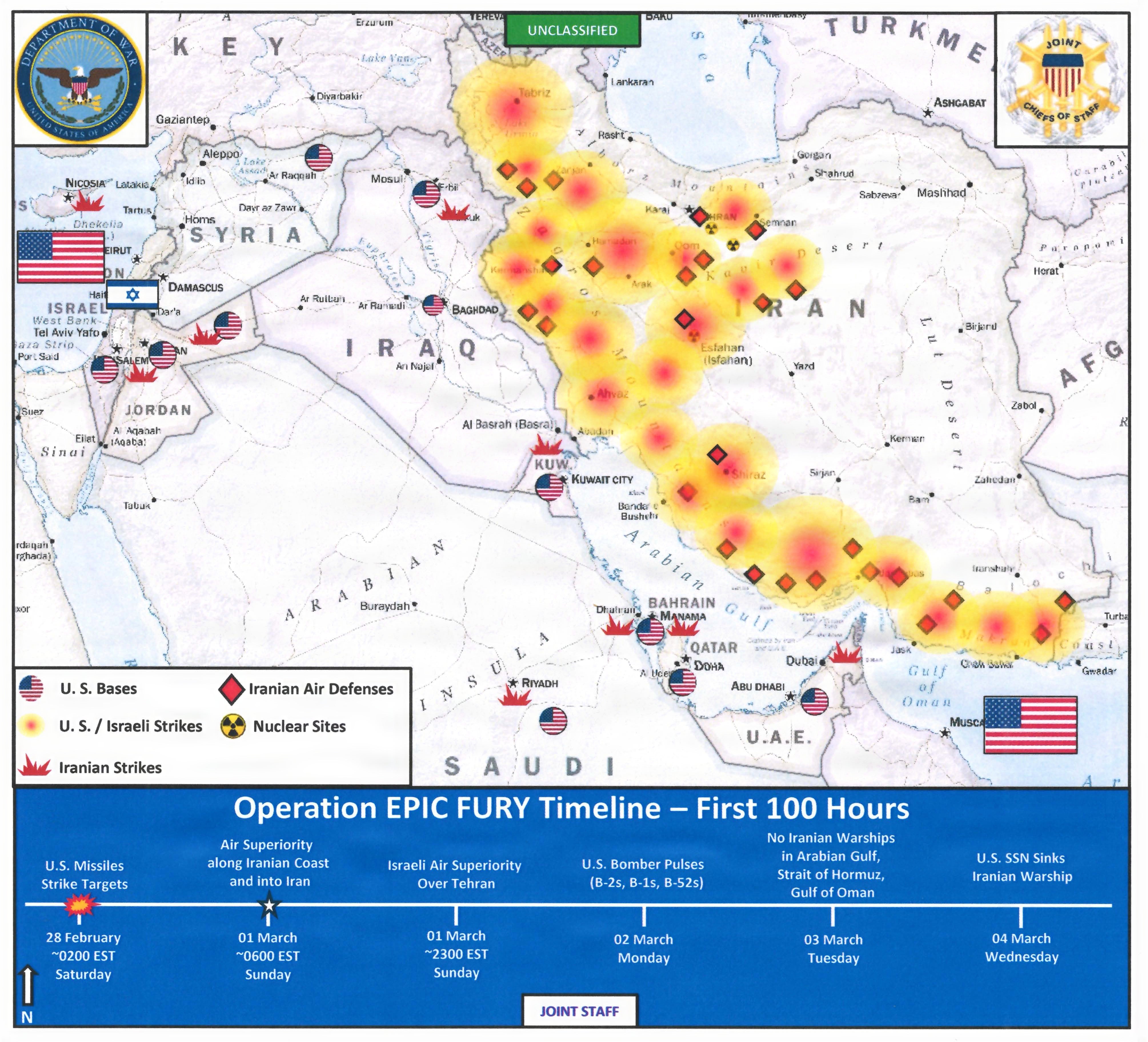 A map detailing the first 100 hours of Operation Epic Fury appears to show Minab, near the Strait of Hormuz in southern Iran, between two Iranian air defense targets