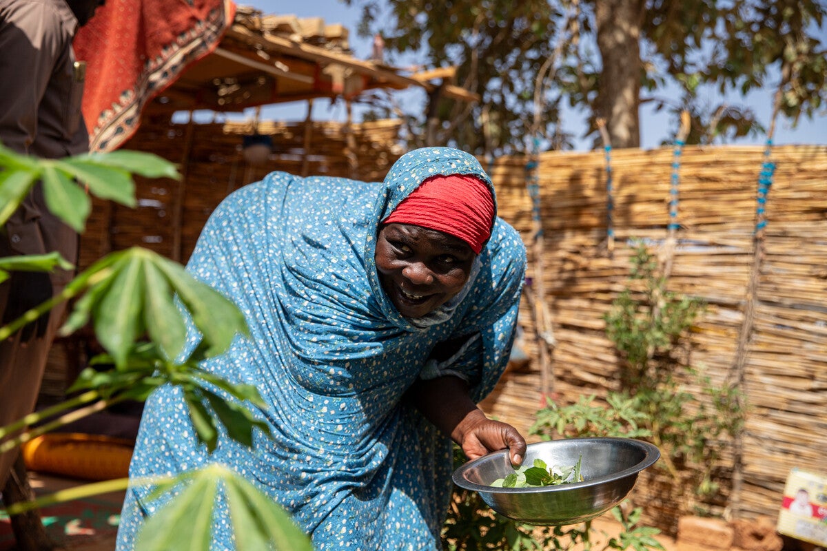 Now with her own home, Hawa - in Chad - can tend to a garden where she grows food for her family