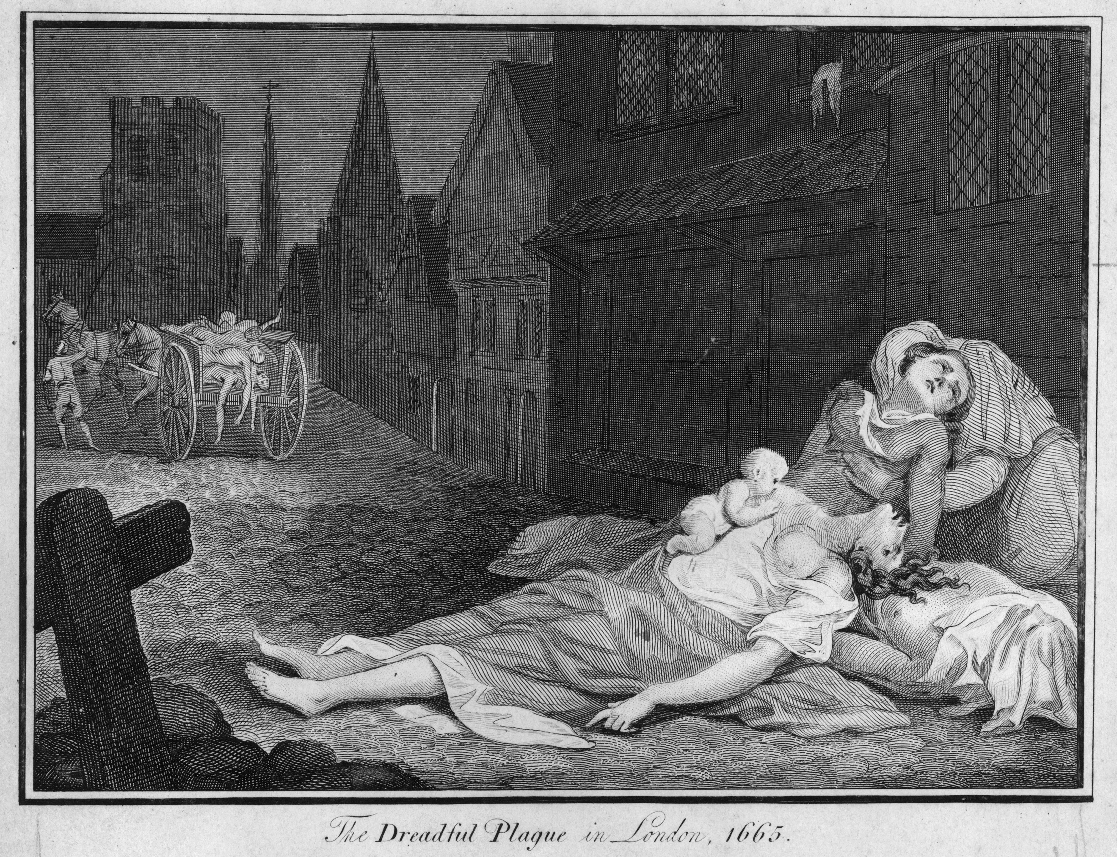A family lies dead and dying in the street while a cart carries away corpses of those who have already succumbed to the plague