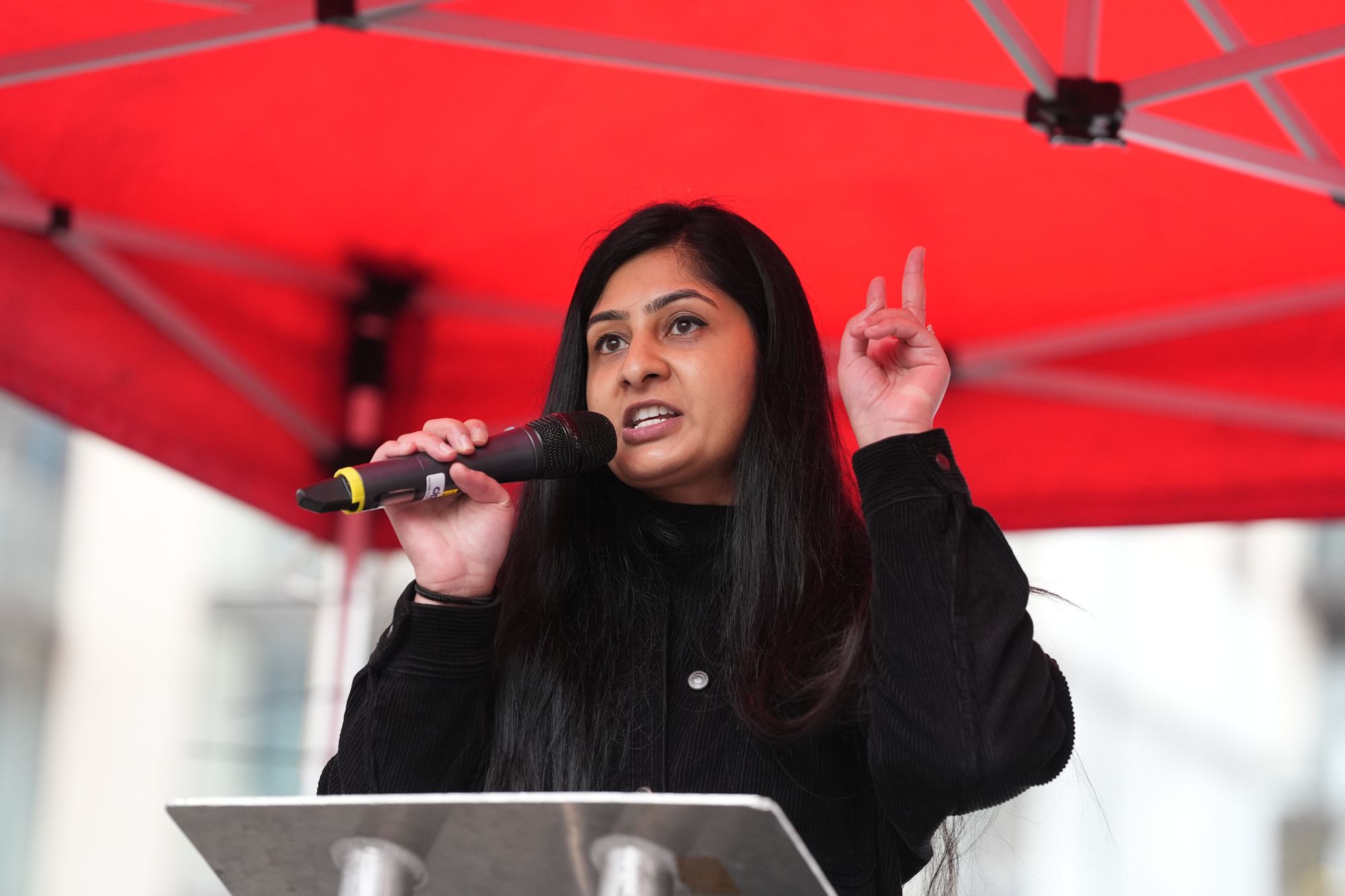 Your Party MP Zarah Sultana speaks at the demonstration at the US Embassy in London