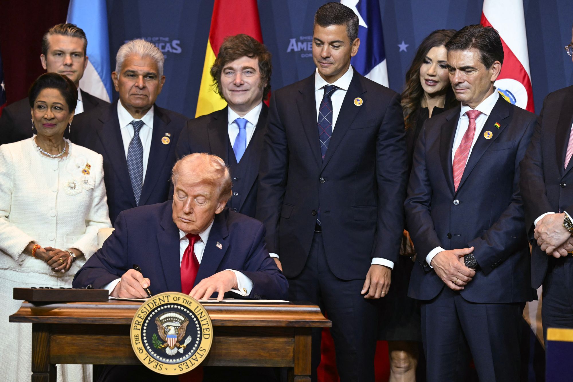 Trump signed a proclamation at the 'Shield of the Americas' summit in Florida on Saturday. He described the document as 'a commitment to using lethal military force to destroy the sinister cartels and terrorist networks' in in the Western Hemisphere