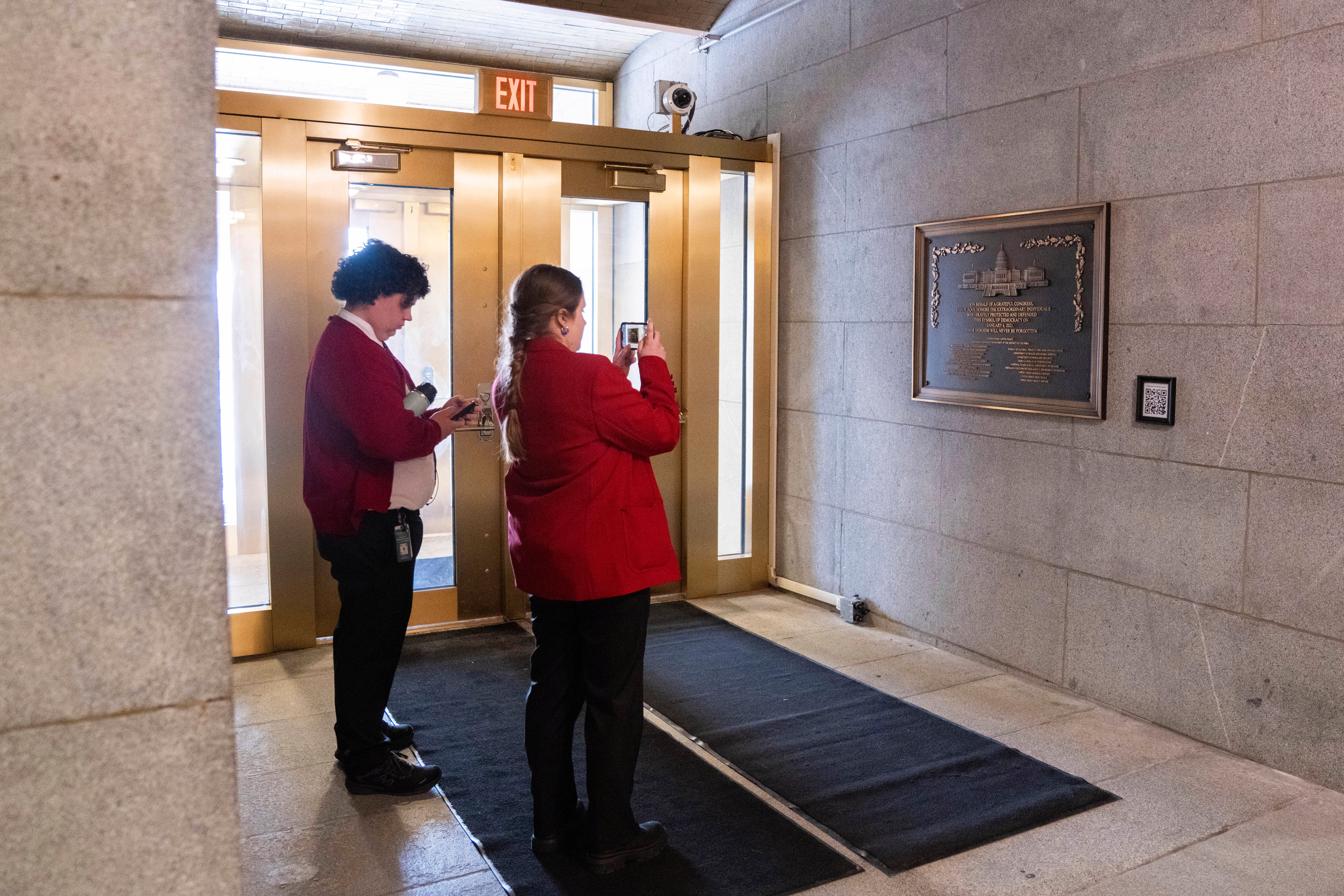 The large bronze plaque, to ‘honor the women and men who saved the lives of those inside the building’ during the violent insurrection was put up at around 4 a.m. Saturday morning, according to The Washington Post