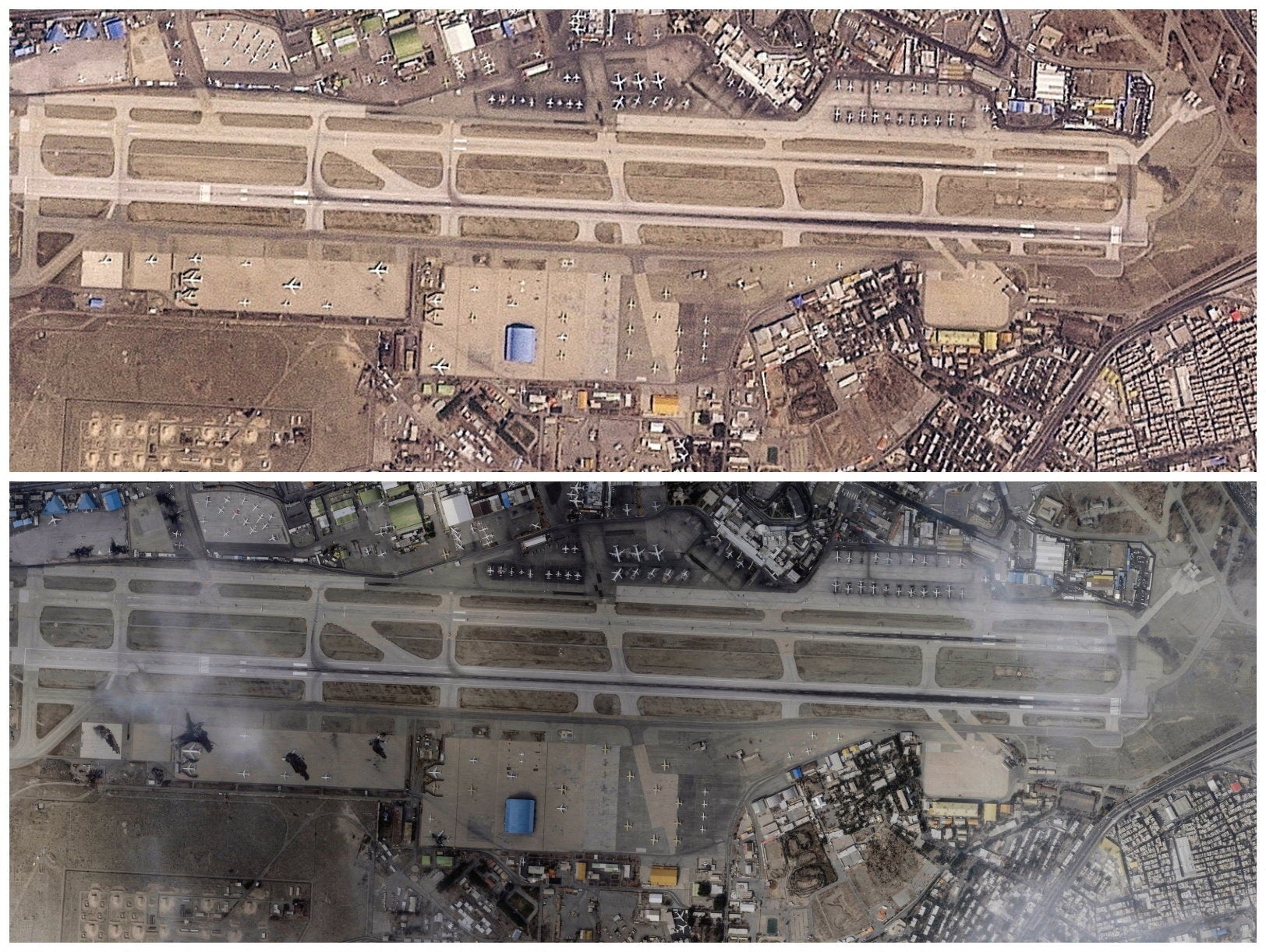 A combination of satellite images shows Mehrabad Airport in Tehran, Iran, before (above) and after a reported attack, amid the US-Israeli conflict with Iran