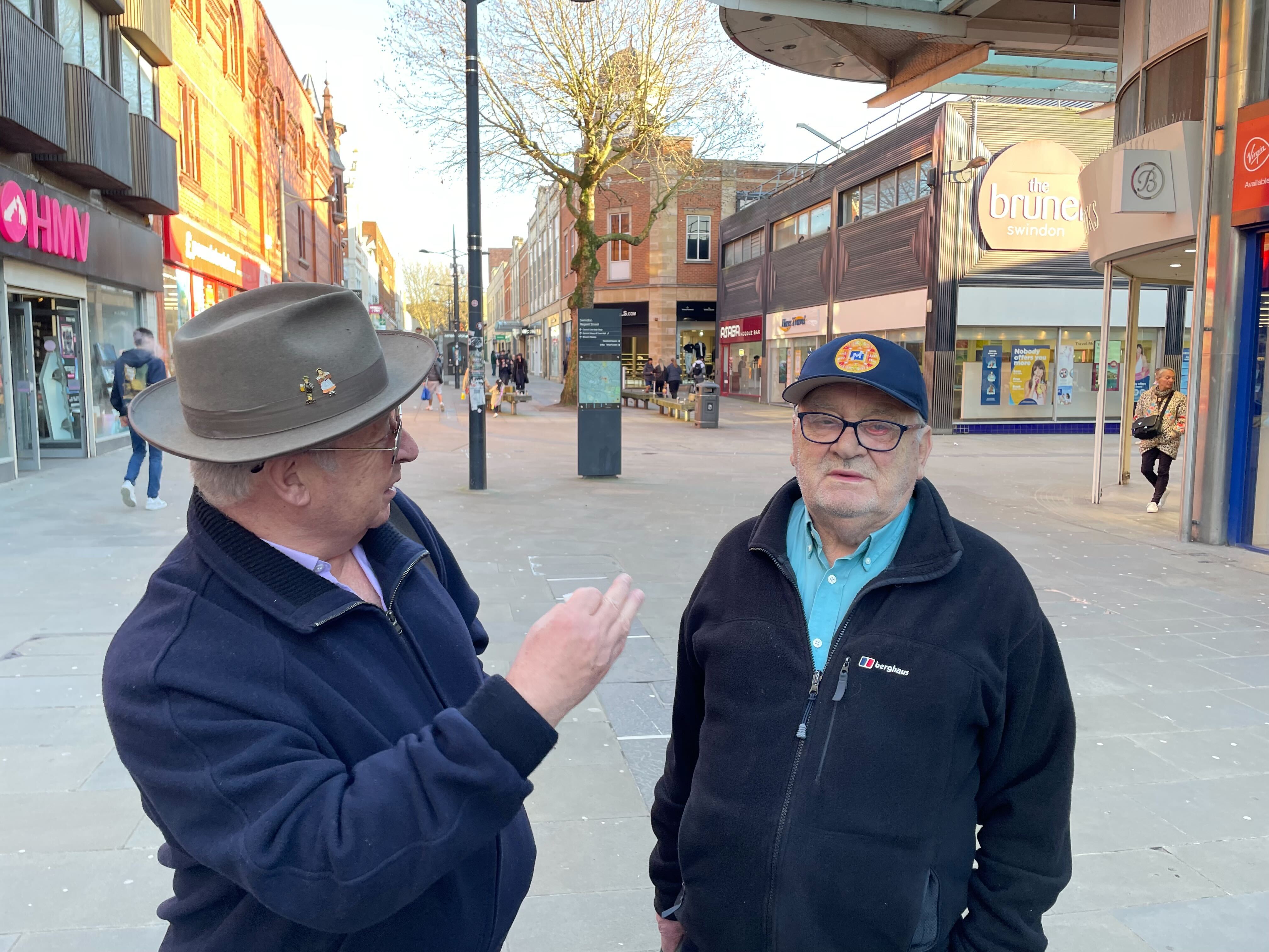 Dave Taylor (left) debates the local elections with John Doult, who says he will vote Reform at the upcoming local elections in Swindon