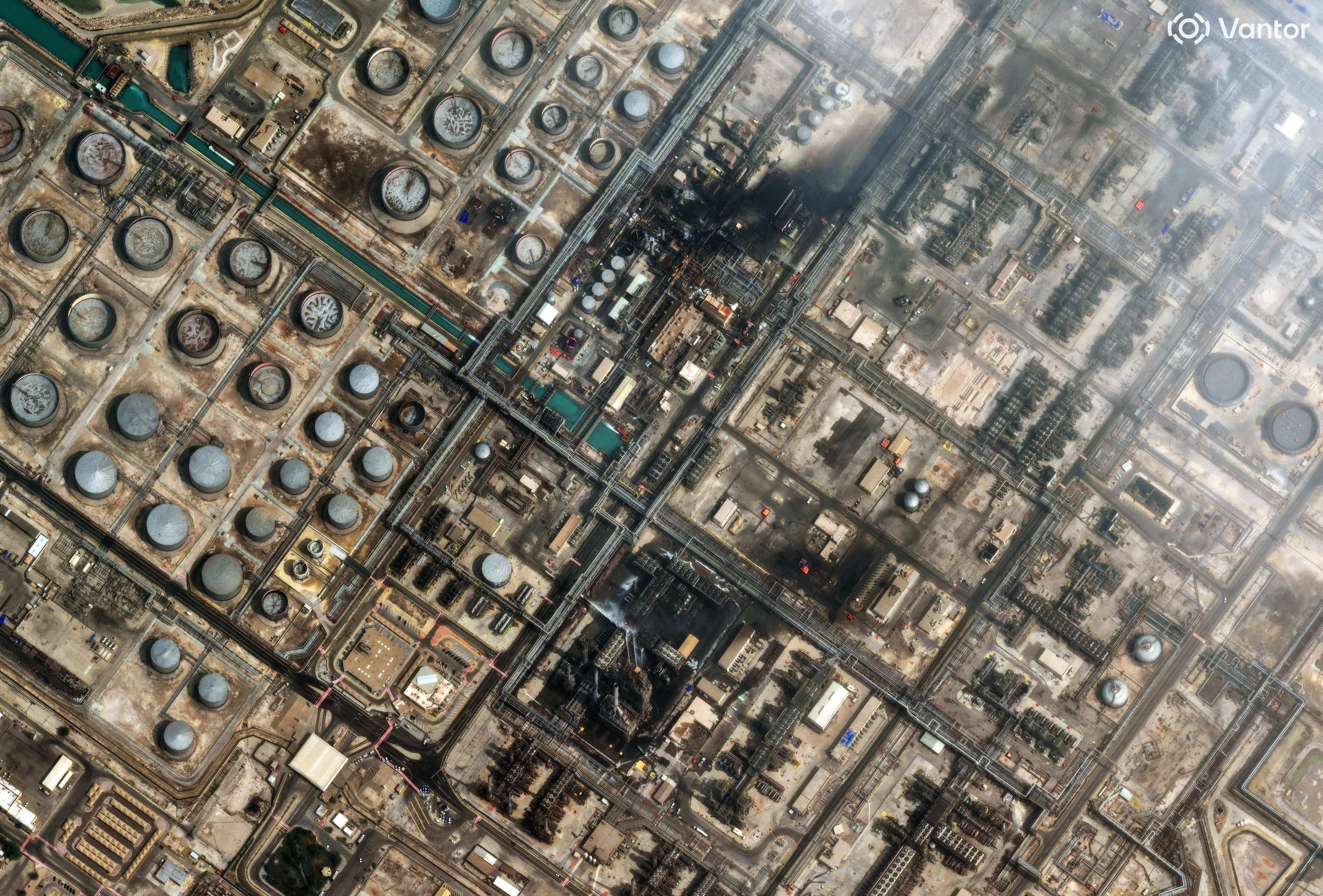 This satellite image provided by Vantor shows an overview of damage after a drone attack to Ras Tanura oil refinery, in Saudi Arabia