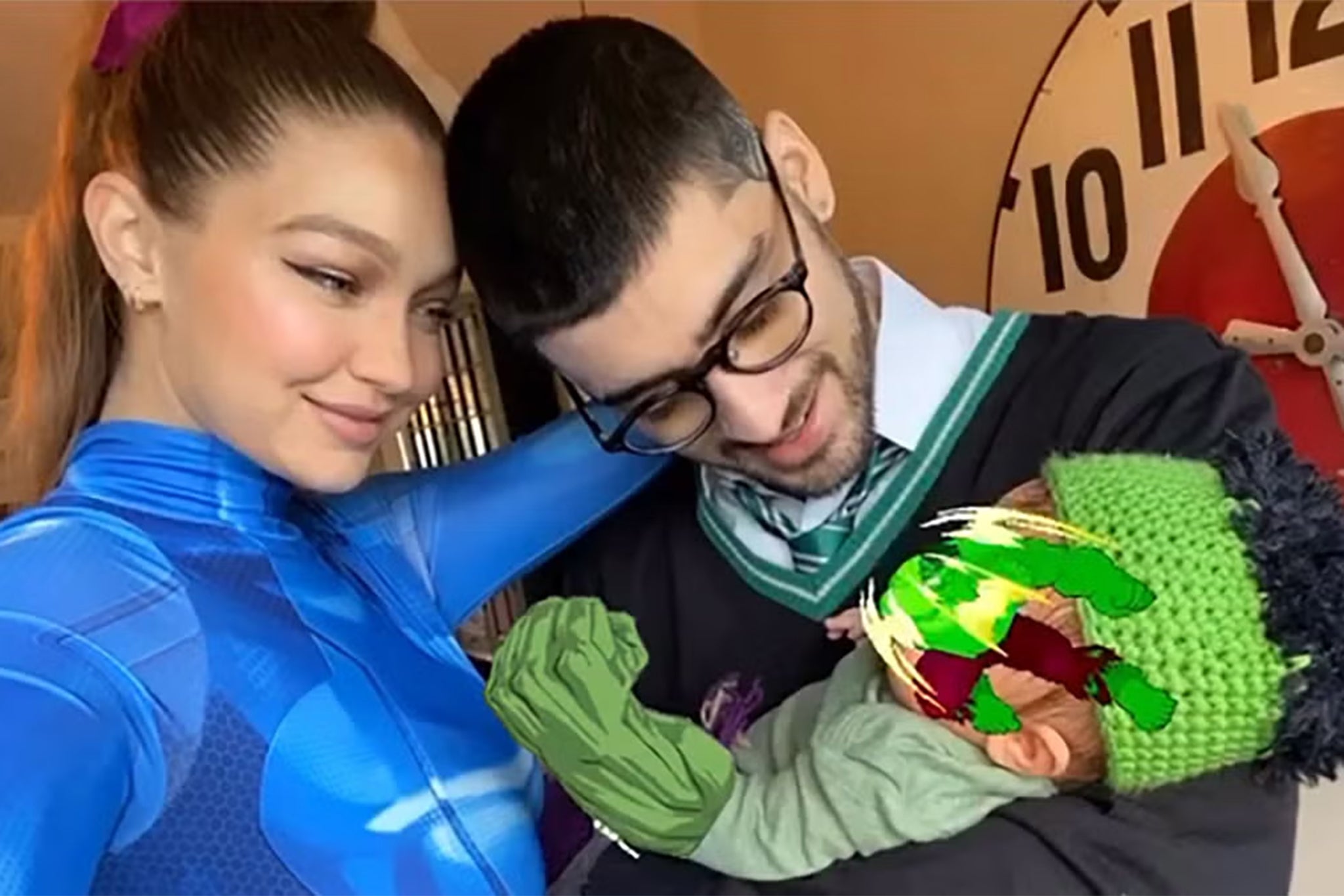 Gigi Hadid and Zayn Malik posted a photo of their daughter Khai with a Hulk emoji covering her face in 2020
