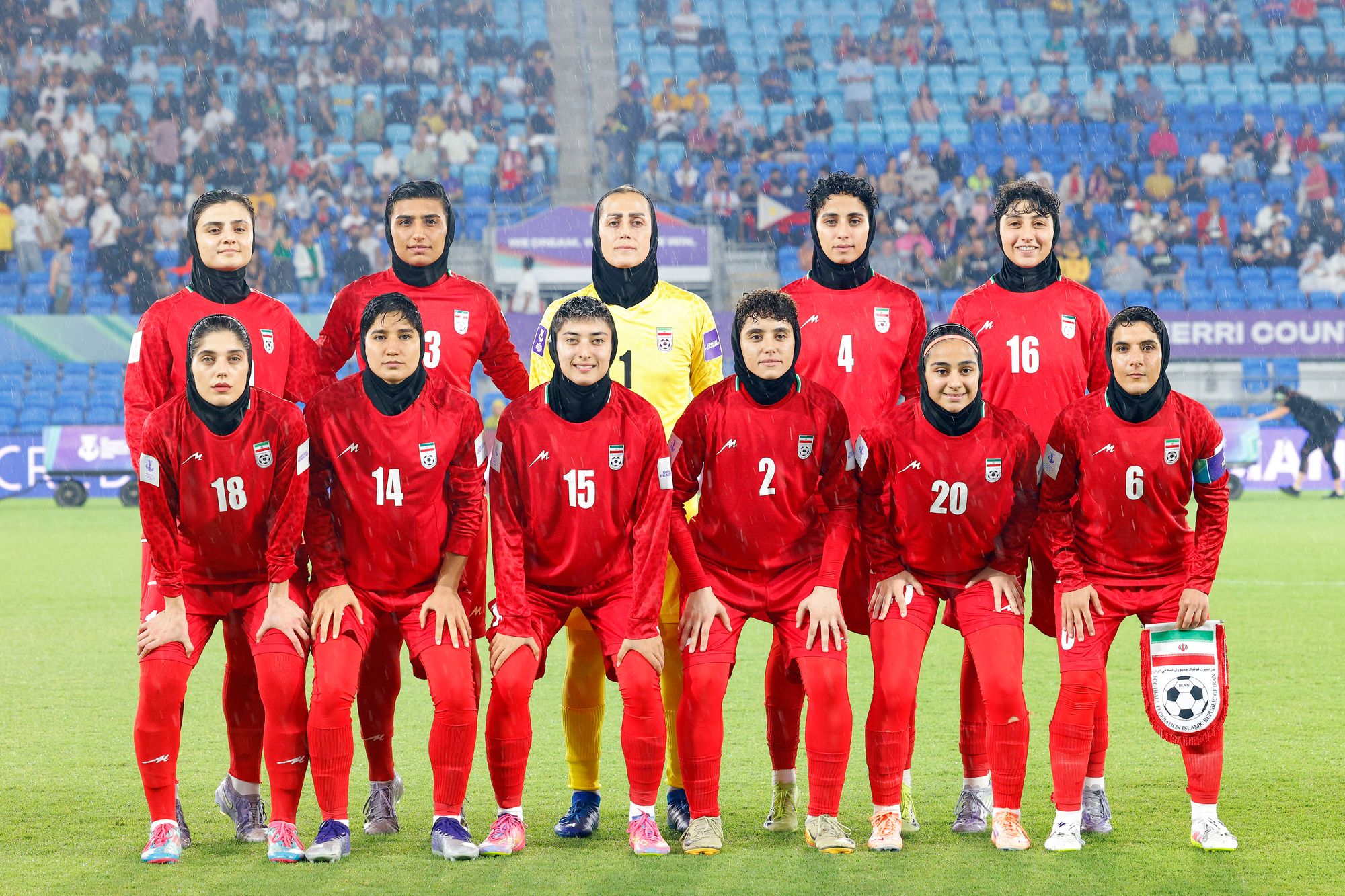 Iran's team pose for a group photo before the AFC Women's Asian Cup Australia 2026 match between Iran and the Philippines in Gold Coast on March 8, 2026