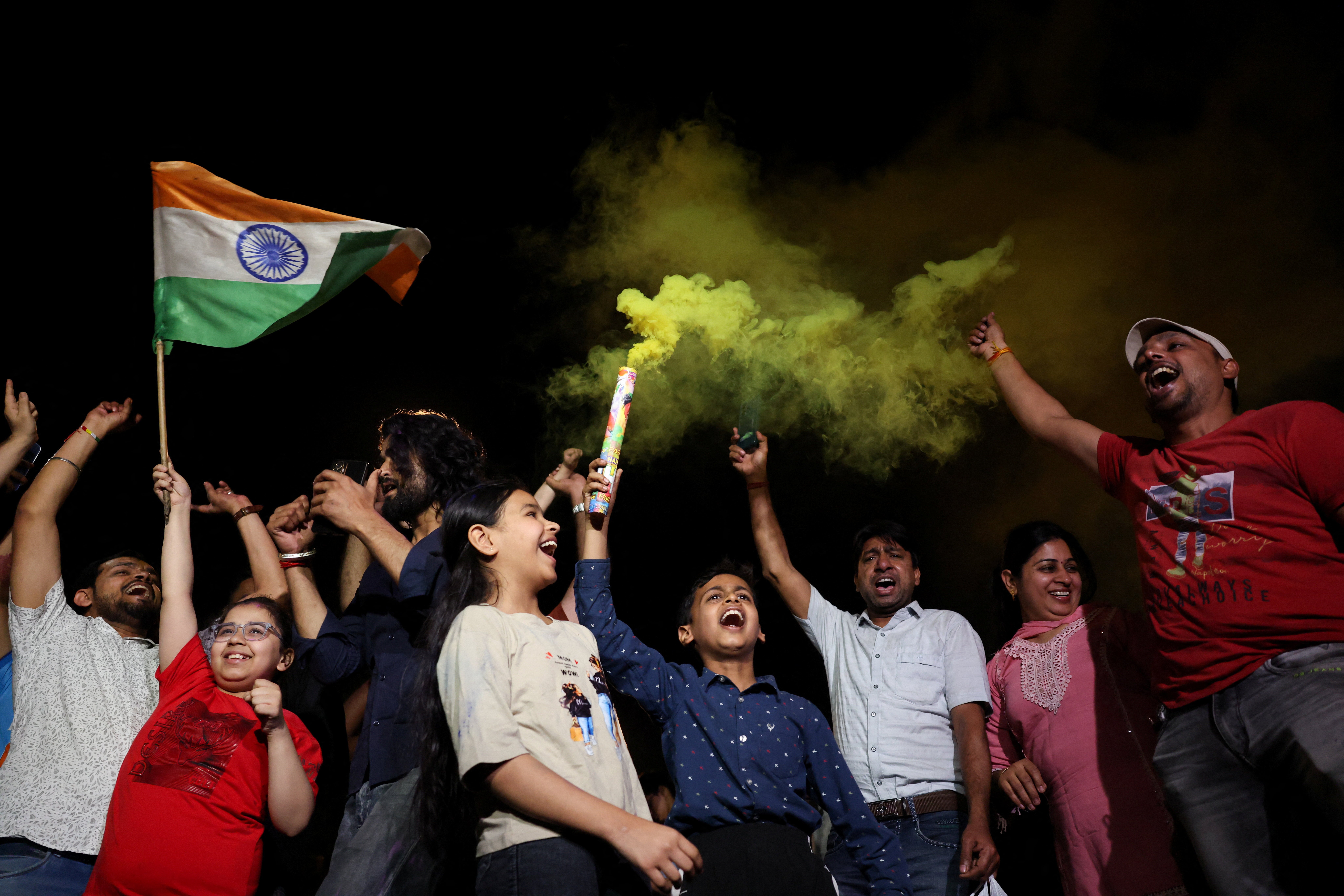 India's cricket fans celebrate after India beats New Zealand in the final cricket match of ICC Men's T20 World Cup 2026, in New Delhi, India, 8 March 2026