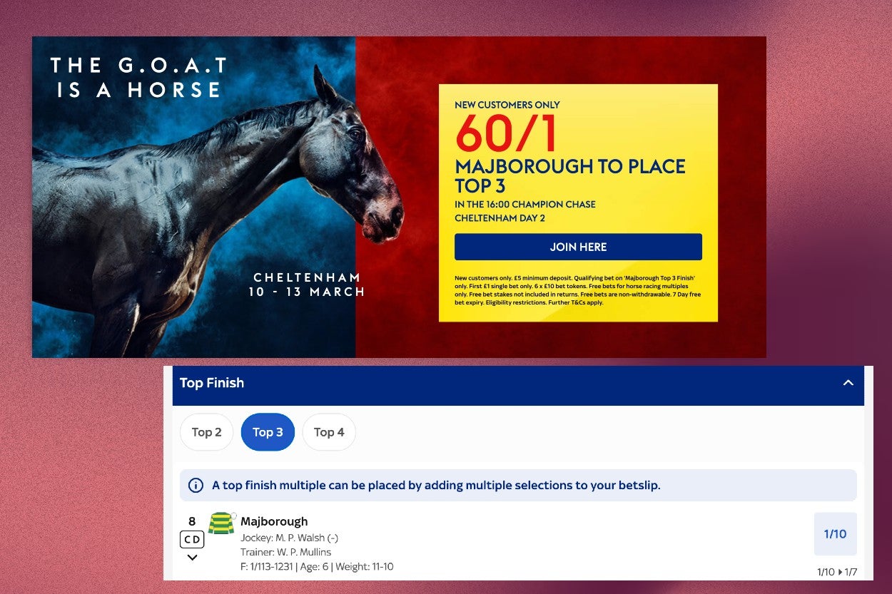 Claim 60/1 enhanced odds for Majborough to place in the Champion Chase