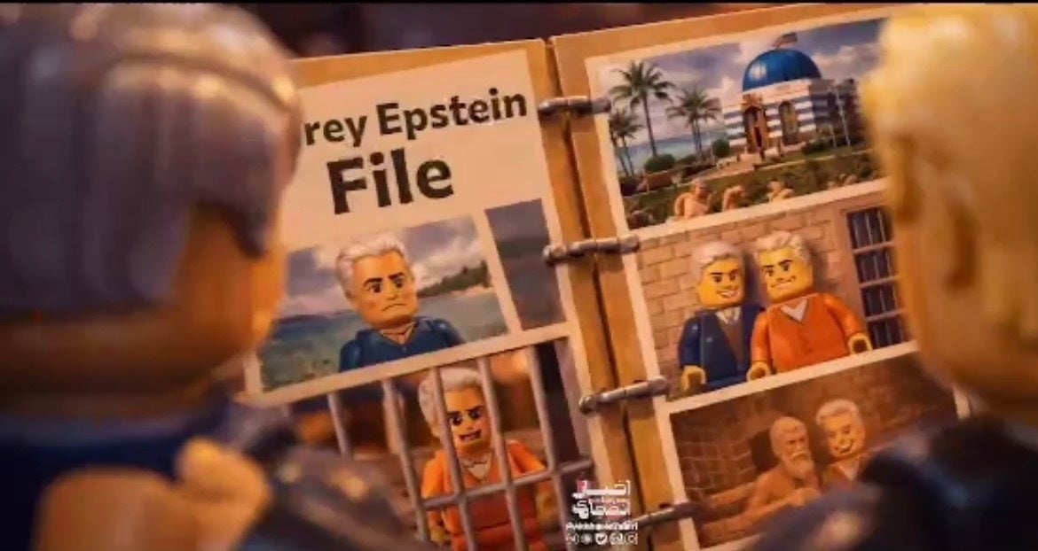 In the bizarre video, posted by Iran’s Tasnim News Agency, Trump and Netanyahu stood beside a Lego Satan and looked over a folder titled: ‘Jeffrey Epstein File’