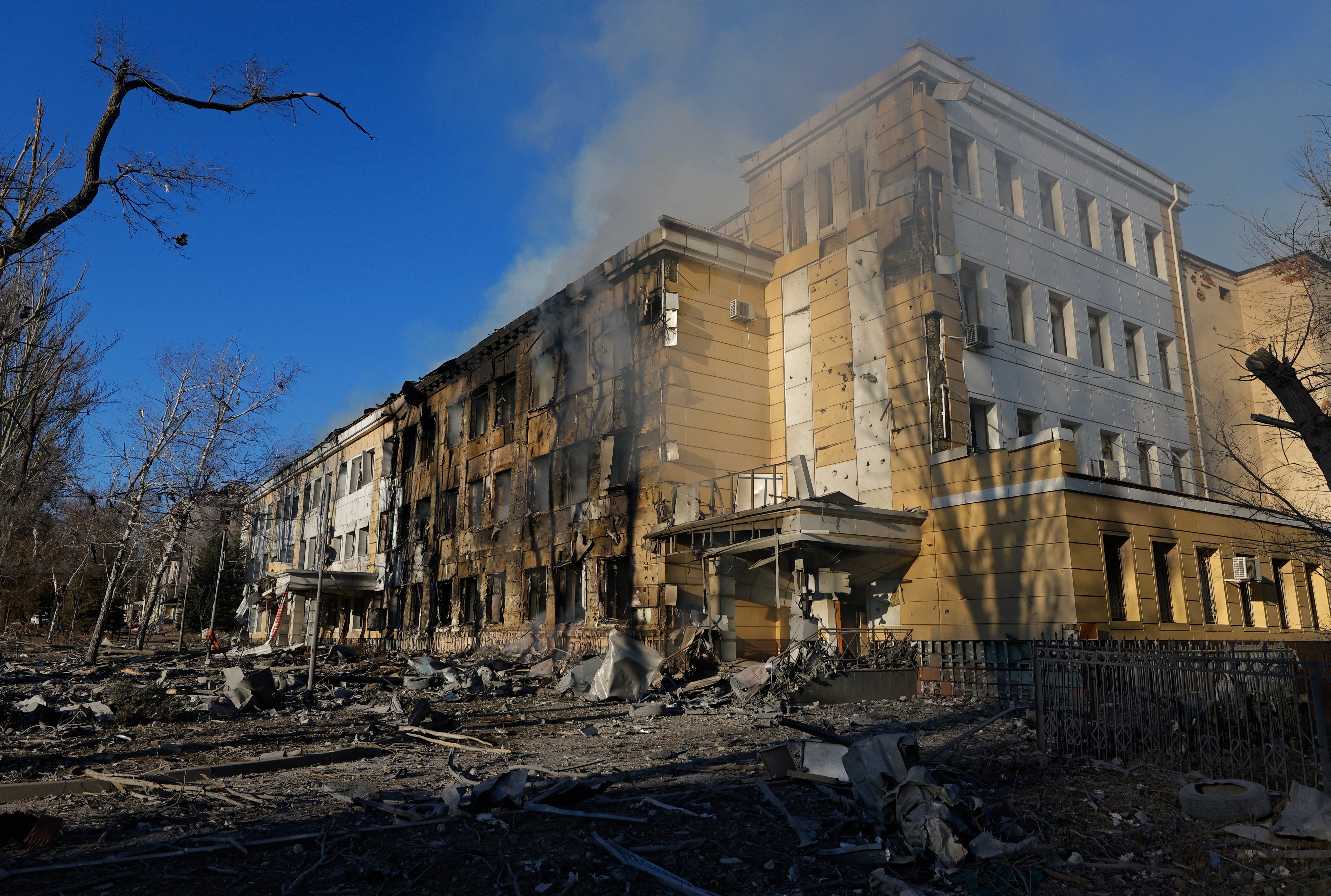 A building of a children's hospital, damaged by recent shelling that local Russian-installed authorities called a Ukrainian military strike, while the hospital was under maintenance with no patients inside, in the course of the Russia-Ukraine military conflict in Donetsk