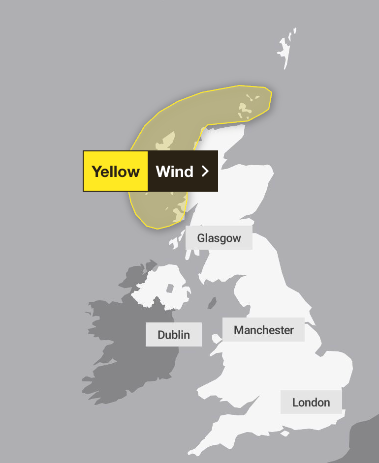 A wind weather warning is in place across northern Scotland on Wednesday